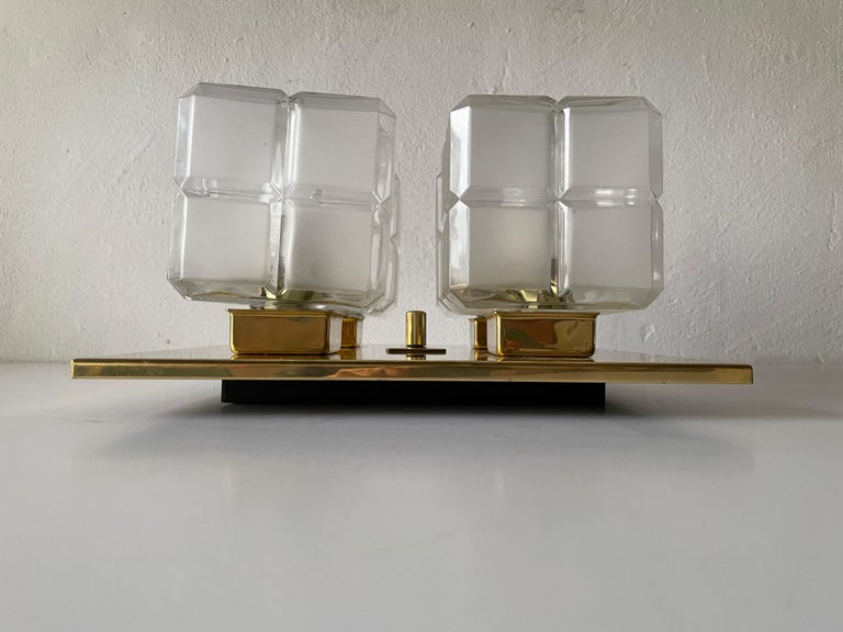 Cube Glass and Brass Flush Mount Light by Kalmar Leuchten, 1960s