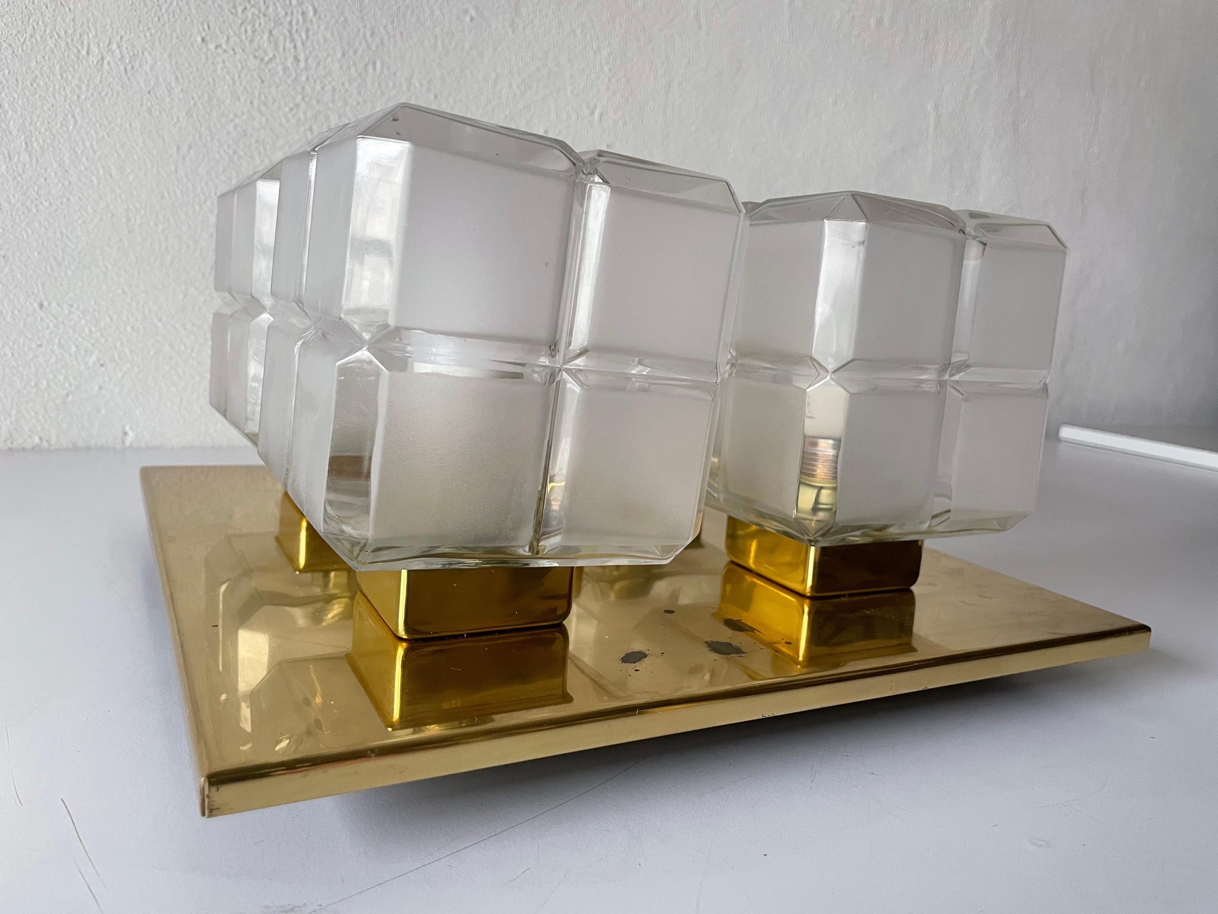 Cube Glass and Brass Flush Mount Light by Kalmar Leuchten, 1960s, Germany For Sale 2
