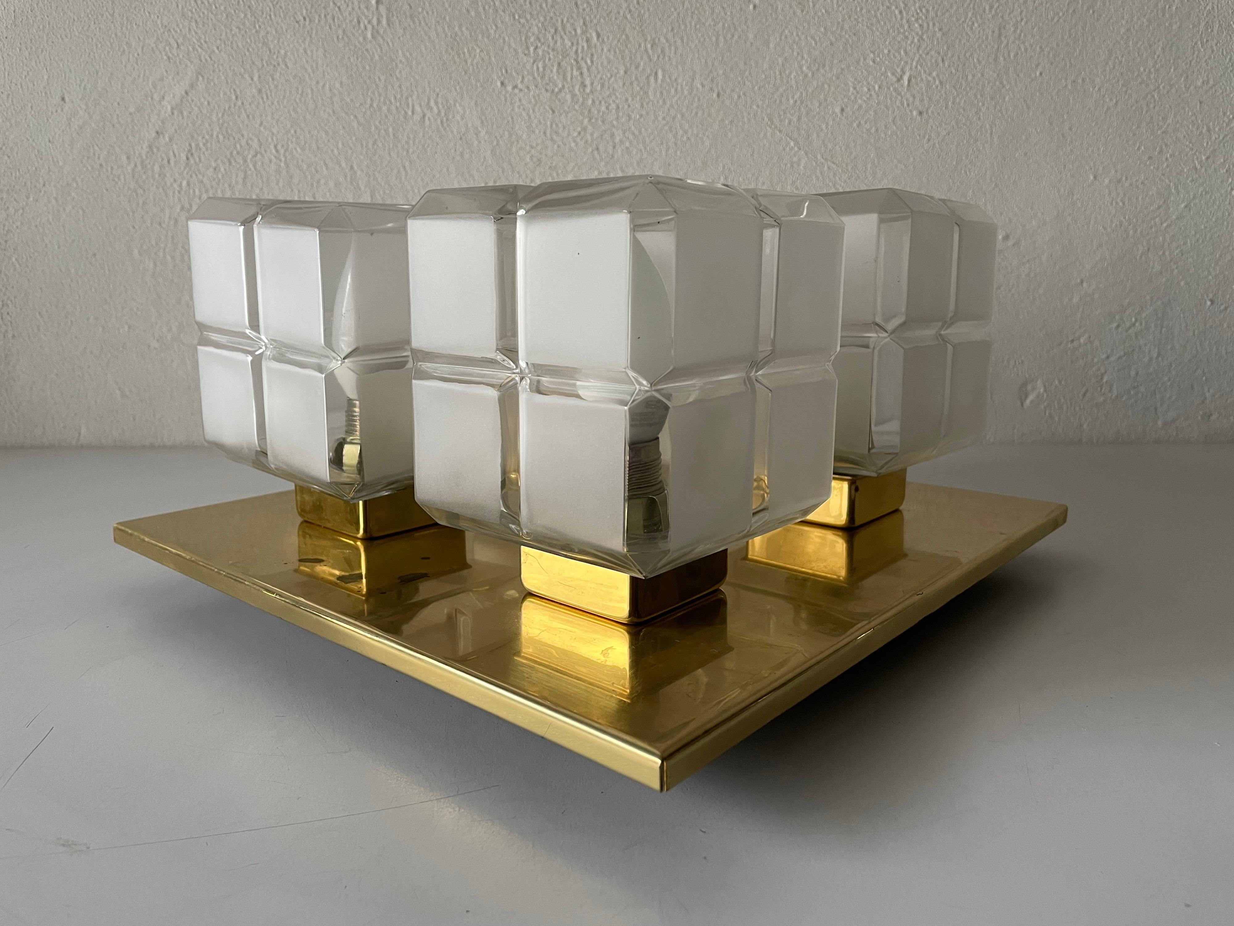Cube Glass and Brass Flush Mount Light by Kalmar Leuchten, 1960s, Germany For Sale 3