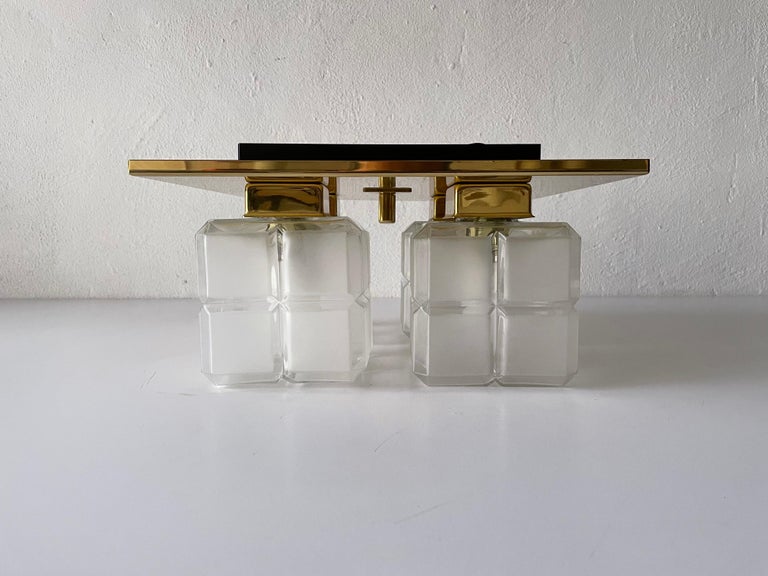 Cube Glass and Brass Flush Mount Light by Kalmar Leuchten, 1960s