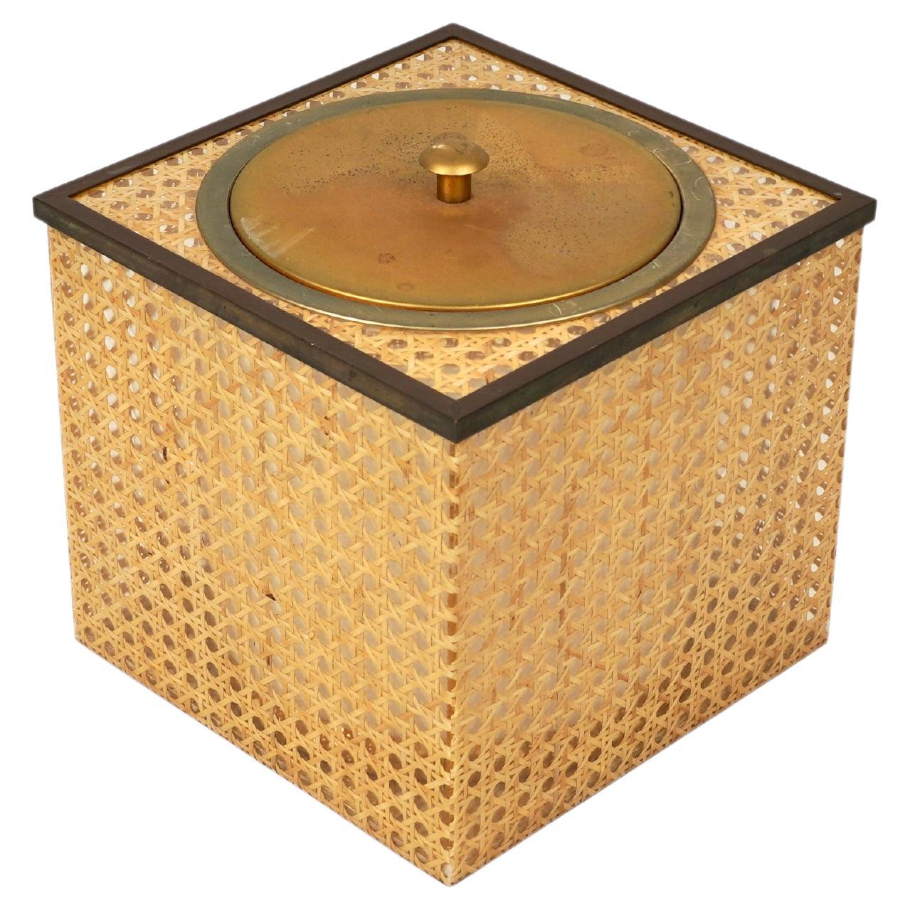 Cube Ice Bucket in Lucite, Rattan and Brass Christian Dior Style, Italy, 1970s