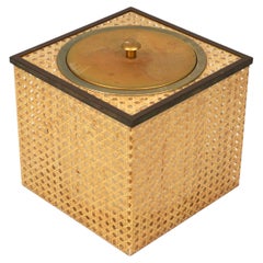 Vintage Cube Ice Bucket in Lucite, Rattan and Brass Christian Dior Style, Italy, 1970s