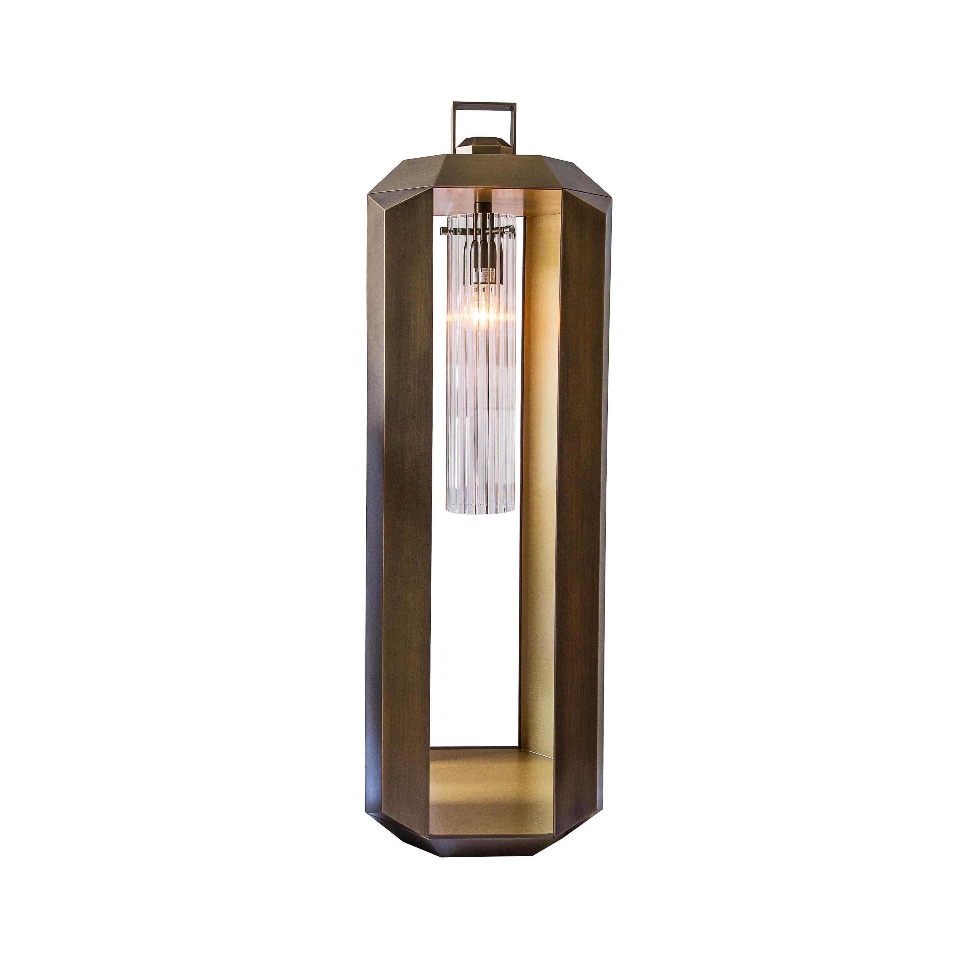 Cube Large Lantern in Satin Bronze and Gold Lacquered and Striped Glass Diffuser For Sale
