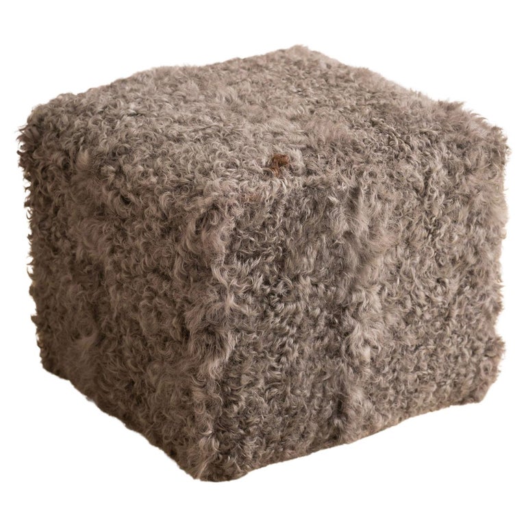 Cube Ottoman in Curly Gray Sheepskin Description at 1stDibs
