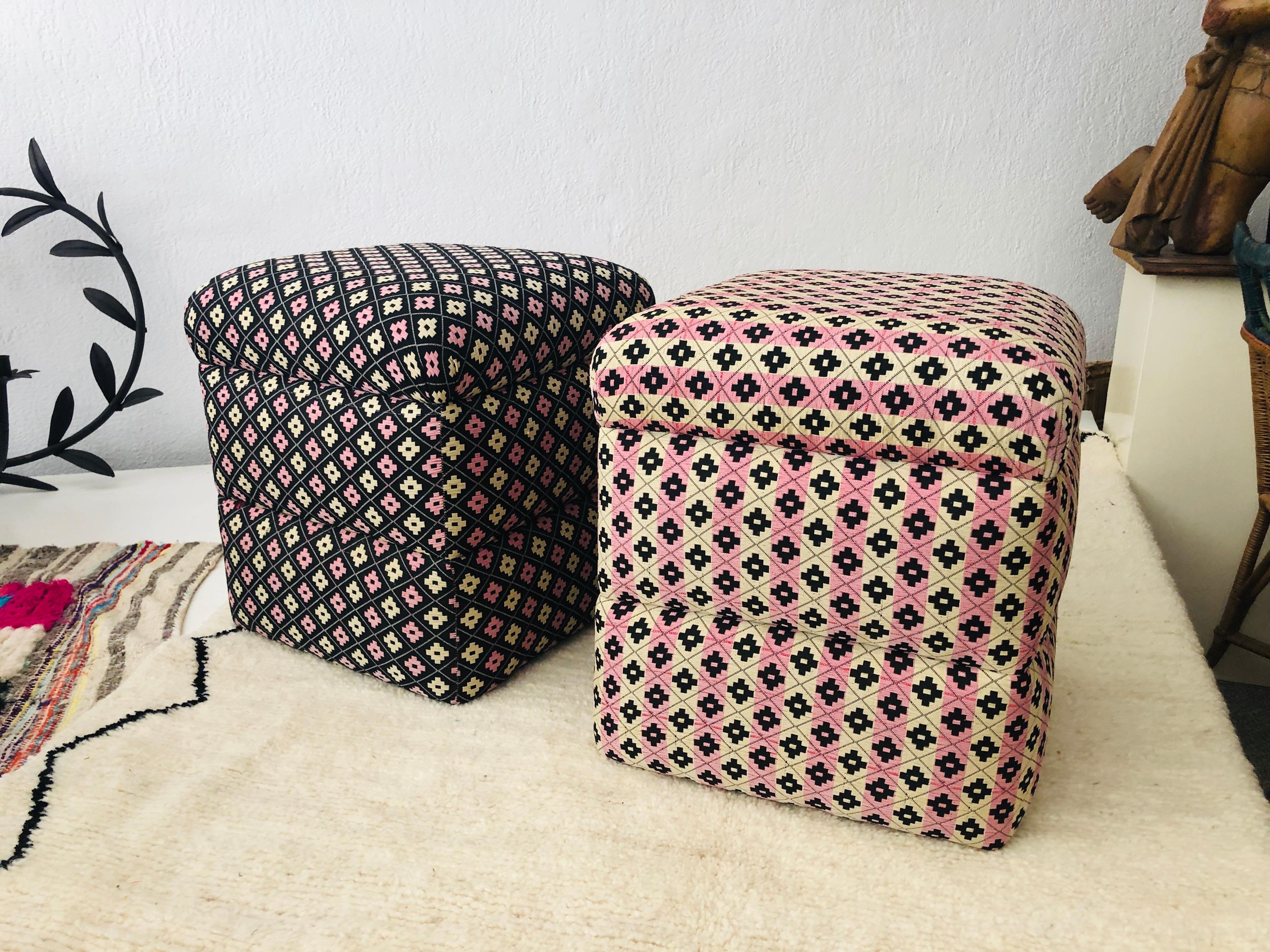 French Cube Ottoman, Seat or Bench in Art Deco Style, Compatible Pair