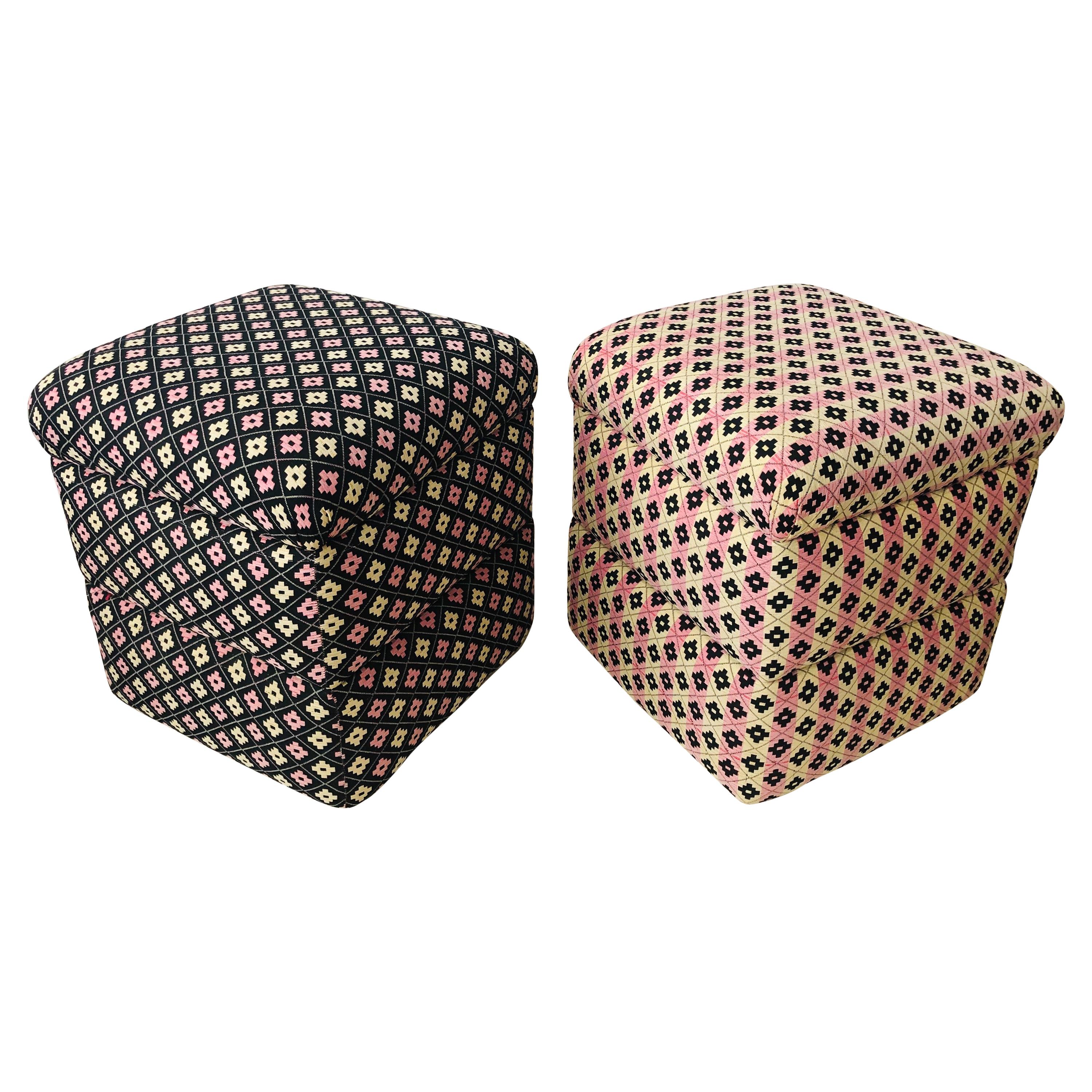 Cube Ottoman, Seat or Bench in Art Deco Style, Compatible Pair