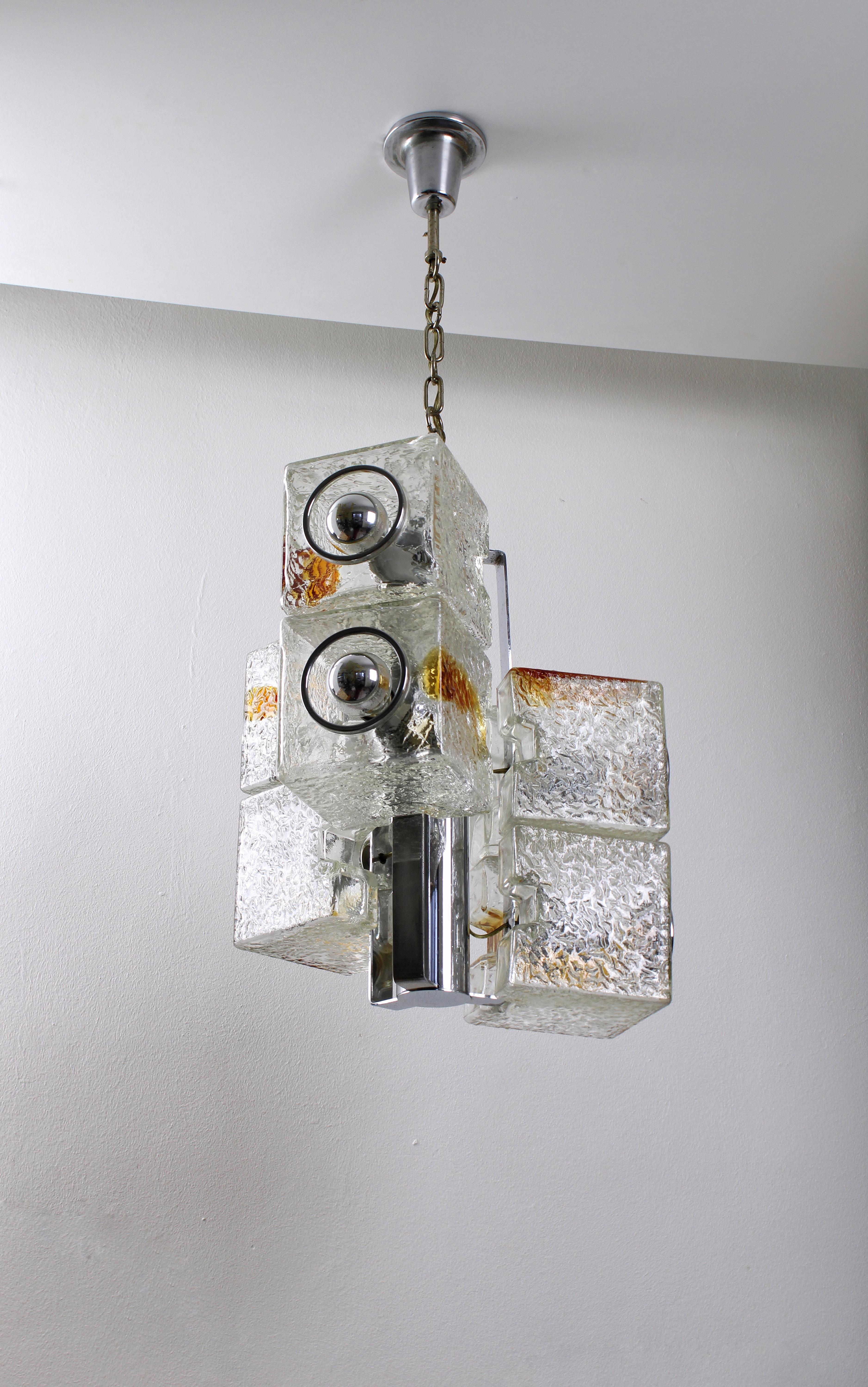 Metal Cube Pendant Lamp in Murano Glass by VeArt, 1960s For Sale