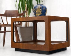 Cube Shape Rectangular Smoked Glass Oiled Walnut Side End Table