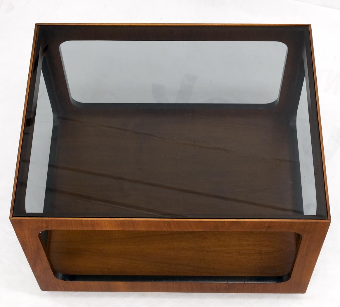 Cube Shape Rectangular Smoked Glass Oiled Walnut Side End Table For Sale 2