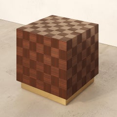 CUBE Side Coffee Table Straw Marquetry Inlay Handcrafted Checkerboard Bordeaux