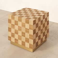 CUBE Square Side Coffee Table Beige Straw Marquetry Handcrafted Checkerboard