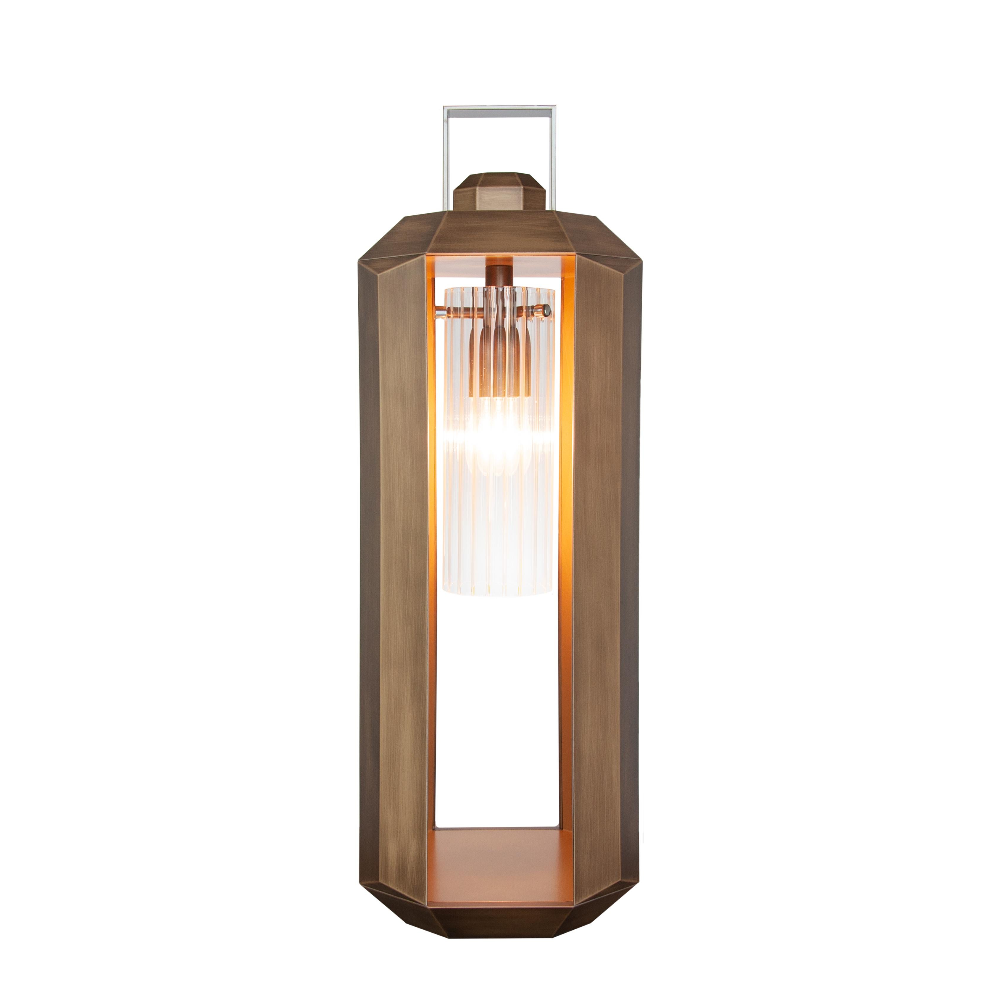 Cube Small Lantern in Satin Bronze and Gold Lacquered and Striped Glass Diffuser