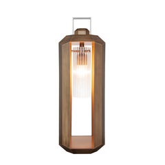 Cube Small Lantern in Satin Bronze and Gold Lacquered and Striped Glass Diffuser