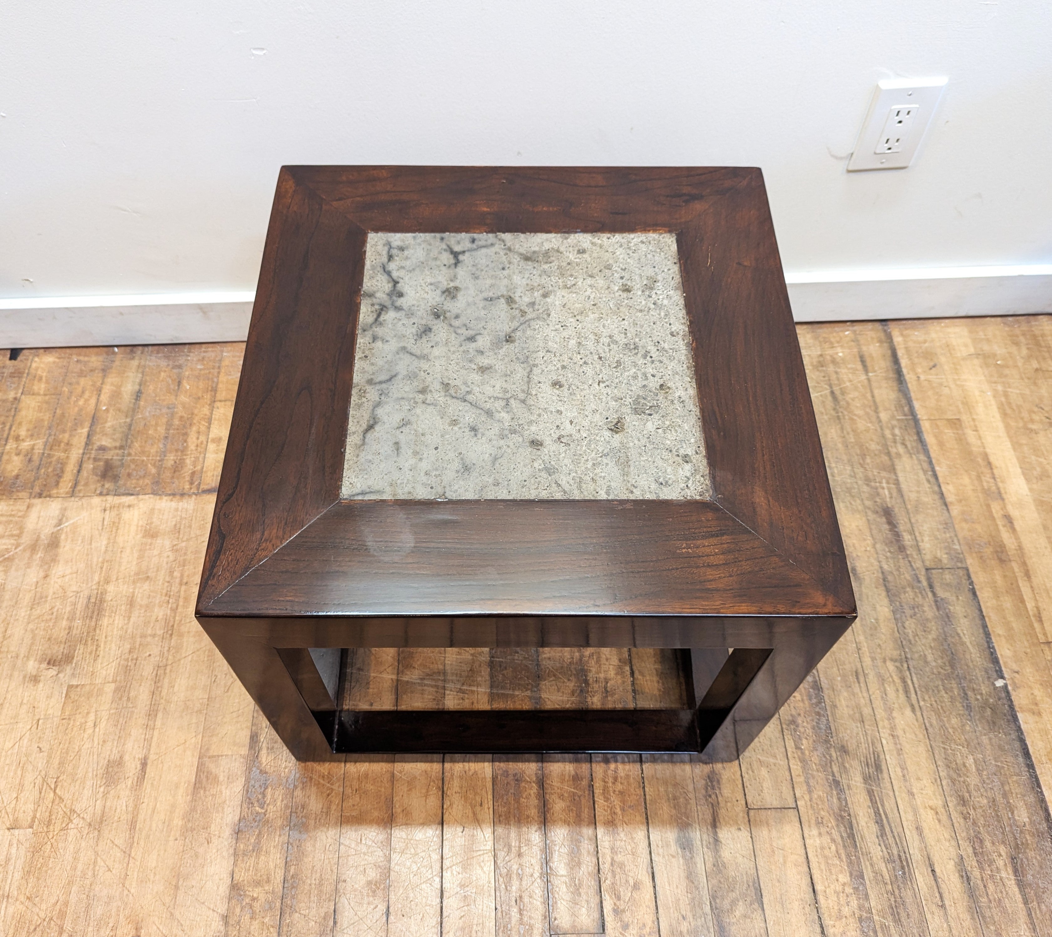 Cube table with inset antique street stone tops.  Solid Elm wood with an Antique street stone set into the top.  Minimalist design that originated in the Ming Dynasty. Color dark brown to walnut.   Can be used as side, or occasional table or perfect