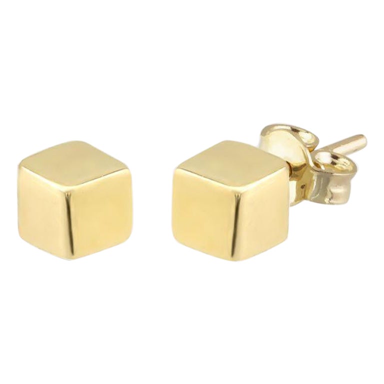 Cube Stud Earrings in 14K Solid Yellow Gold For Sale