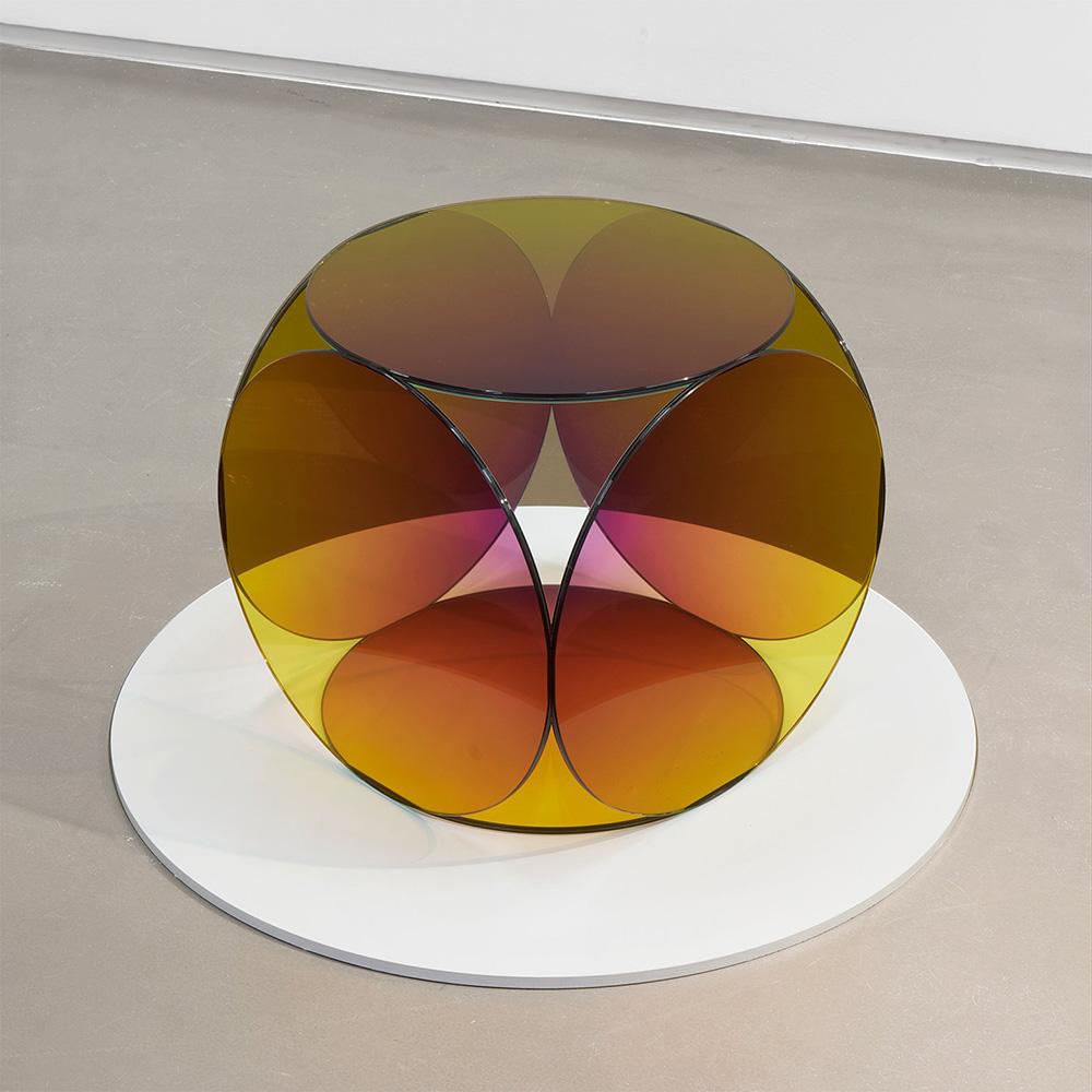 Cube table 02 by Studio Roso.
Dimensions: D45 x W45 x H45 cm.
Material: Laminated glass.
Weight: 20 kg 

Studio Roso is a partnership between Sophie Nielsen and Rolf Knudsen.
The studio has in the last 10 years produced a number of large