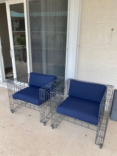 1990s Post-Modern Cube Wire Lounge Chairs, Metal, Geometric Design