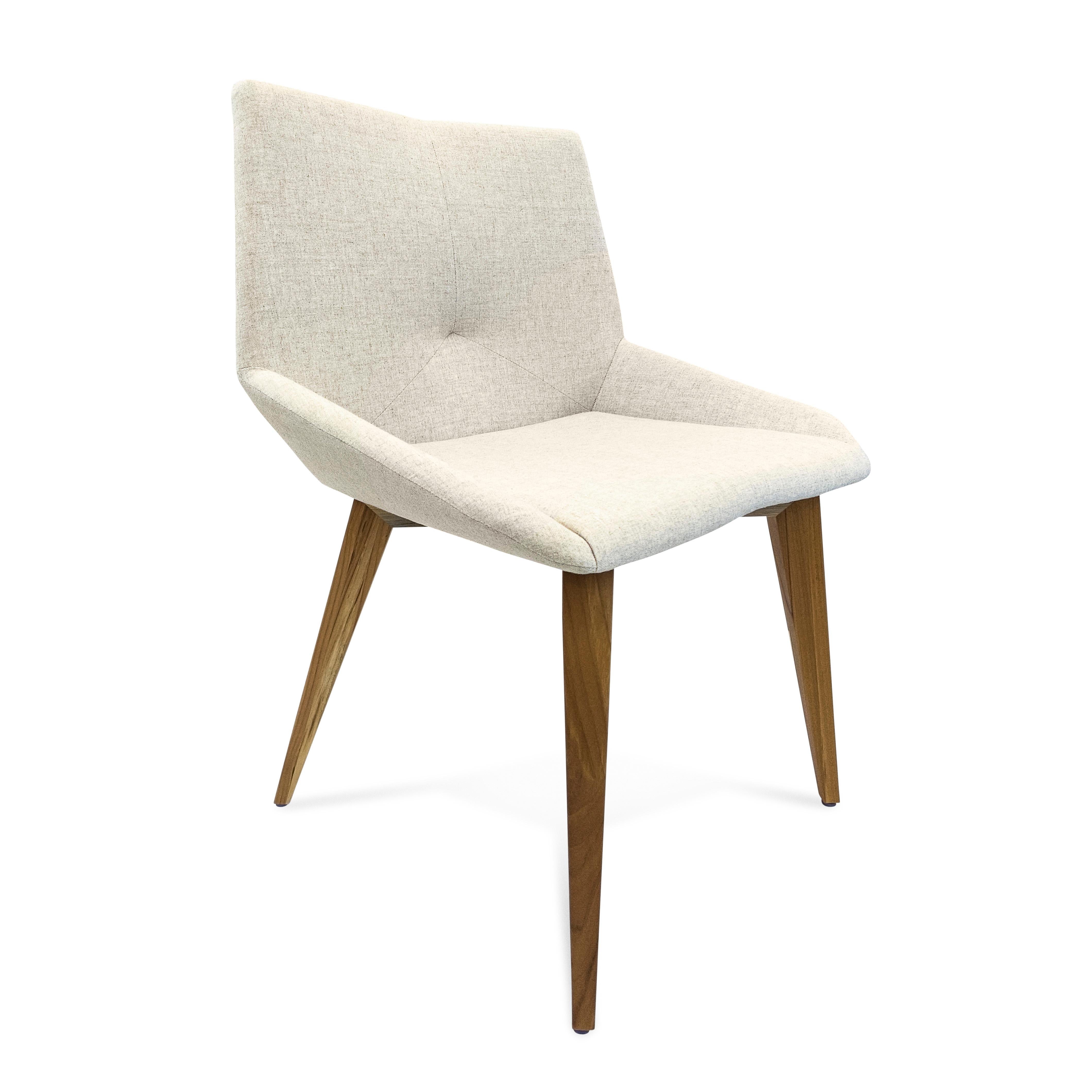 Anpassbarer geometrischer Esszimmerstuhl aus Teakholz und hafermehlfarbenem Stoff, Cubi-Kollektion im Zustand „Neu“ im Angebot in Miami, FL