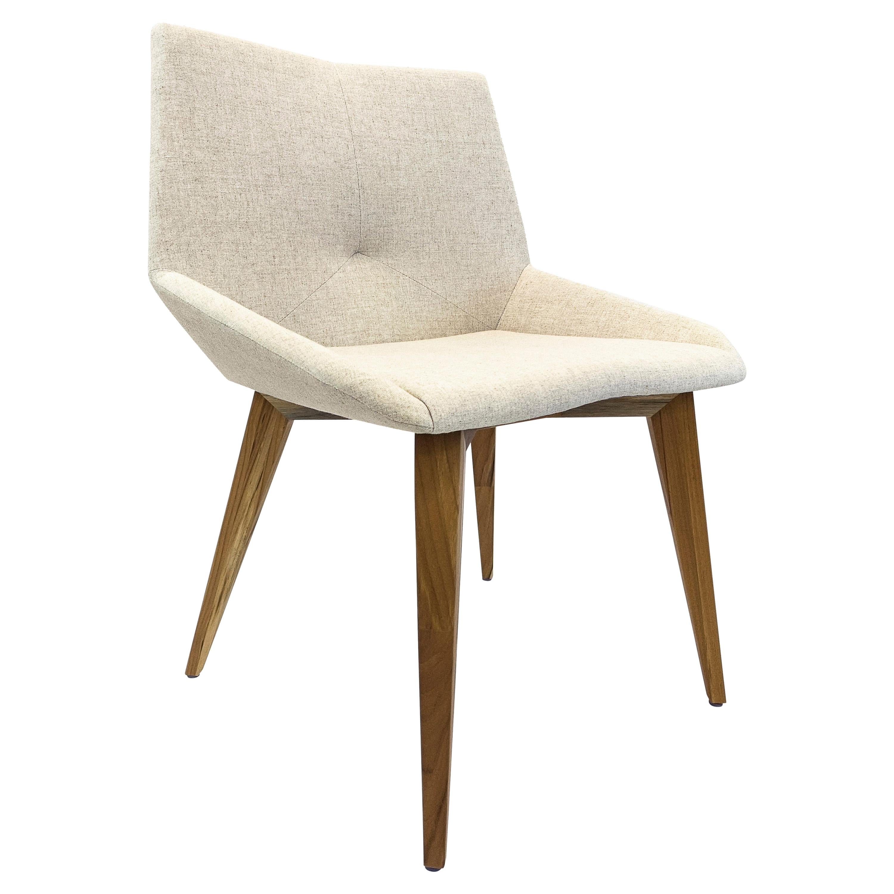 Geometric Cubi Dining Chair in Teak Wood Finish with Oatmeal Fabric Seat For Sale