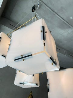 Cubi Stilux Ceiling Lamp White Perspex Brass Black Iron, Italy, 1960