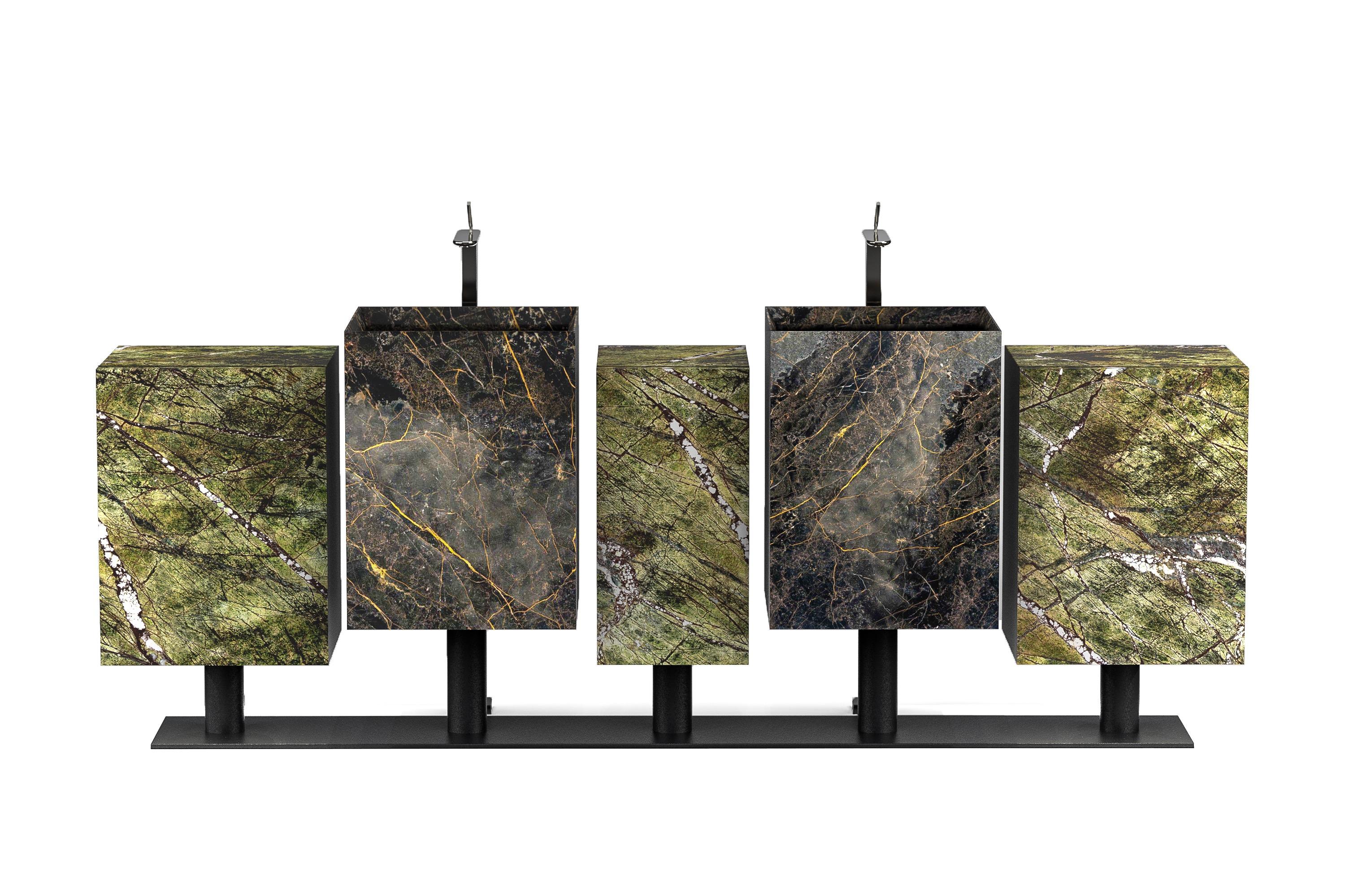 Cubi washbasin and cabinet by Marmi Serafini
Materials: Picasso Green marble, Port Saint Laurent marble, brunished metal.
Dimensions: D 226 x W 45 x H 85 cm
Available in other marbles.
Tap not included.

Clean, refined and functional bathroom