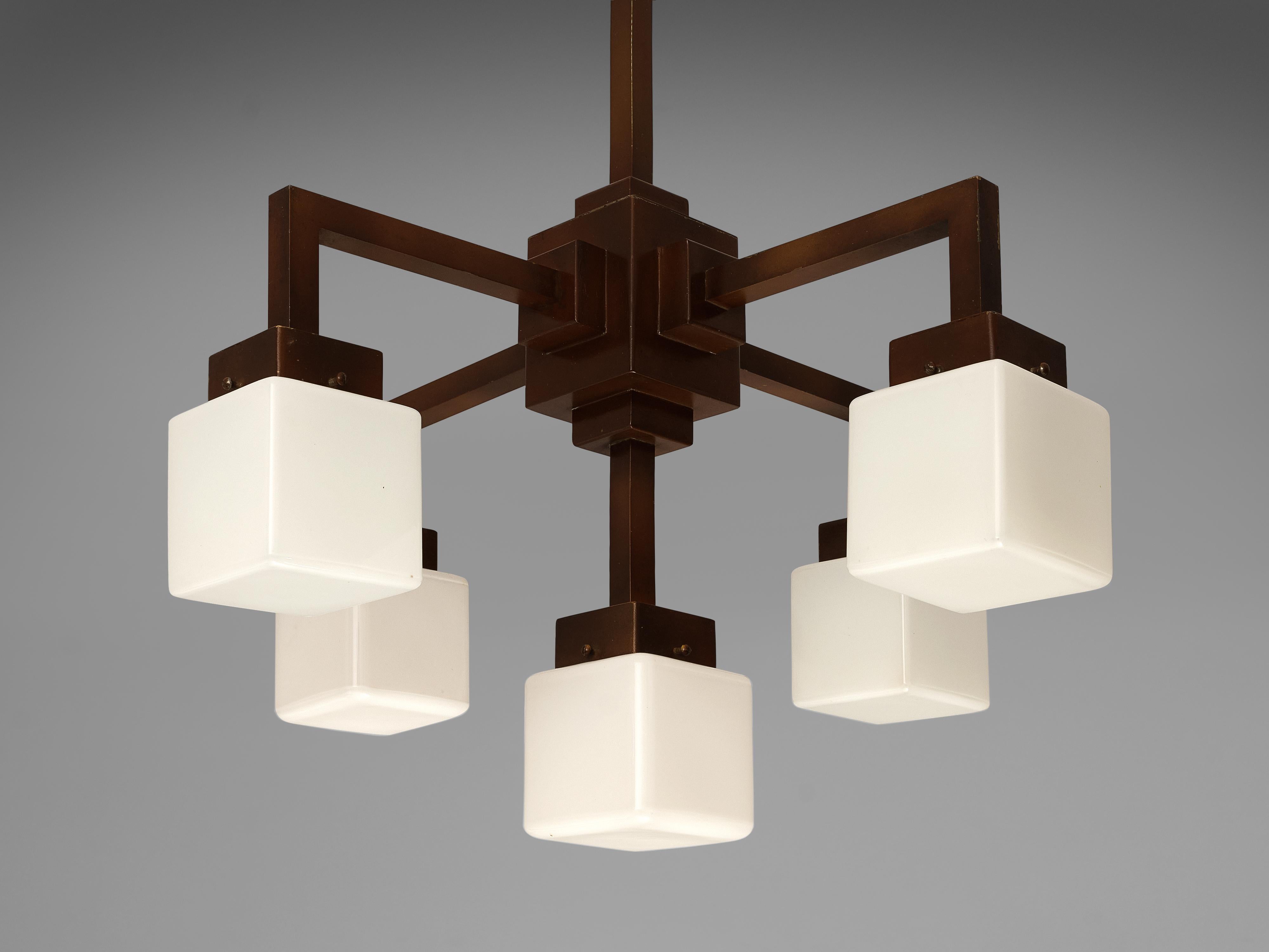 Cubic Art Deco Chandelier in Metal and Opaline Glass 3