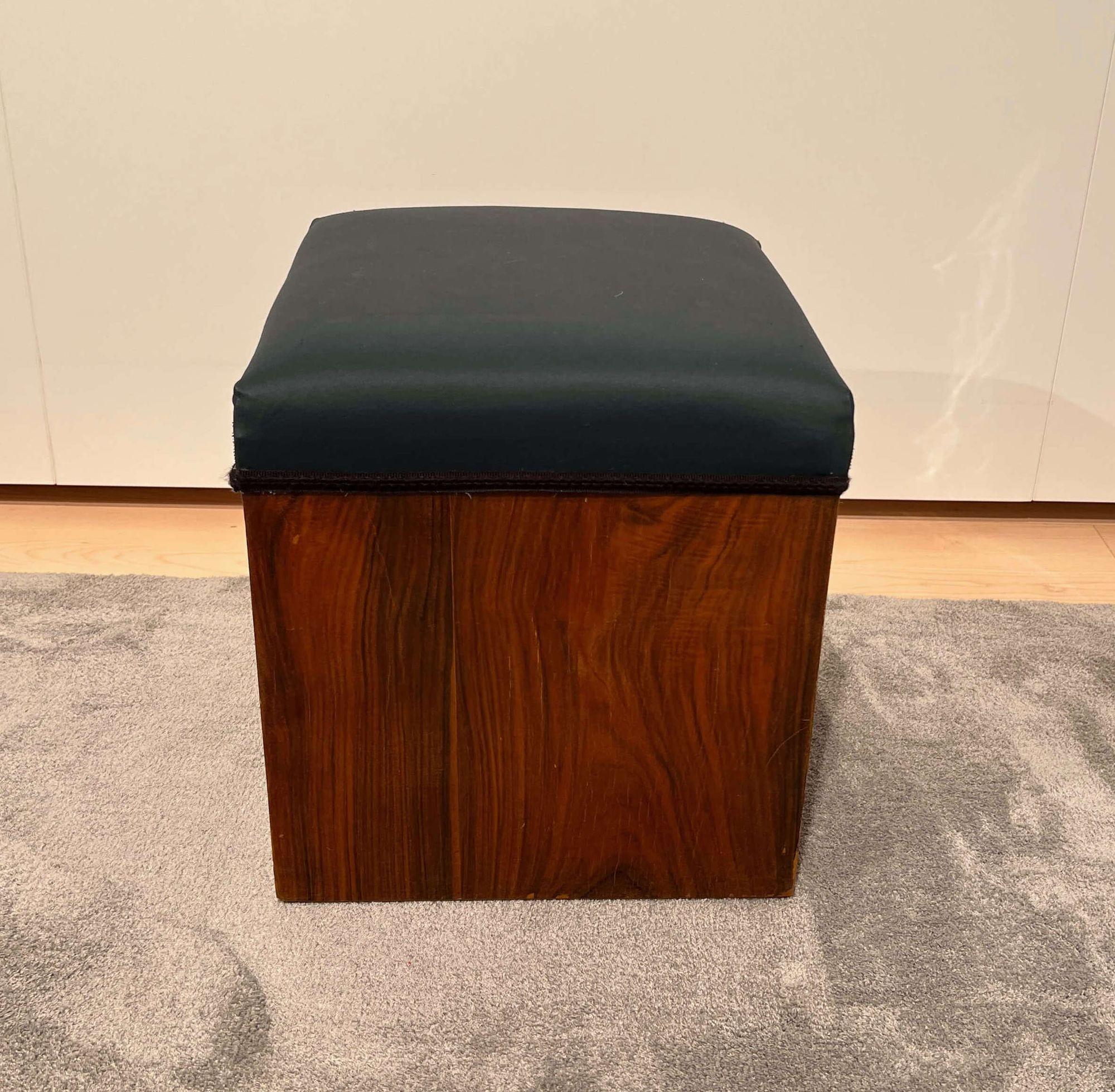Beautiful original Art Deco stool from France about 1930.
Walnut veneered and polished. Covered with anthracite fabric and border finishing.
Dimensions: H 38 cm x W 36 cm x D 37 cm.