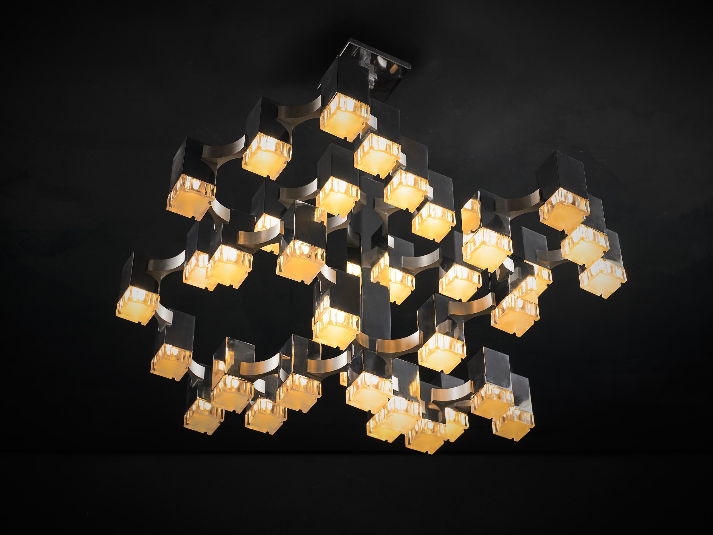 Aluminum Cubic Chandelier 37 Lights by Gaetano Sciolari, Italy, 1970s For Sale