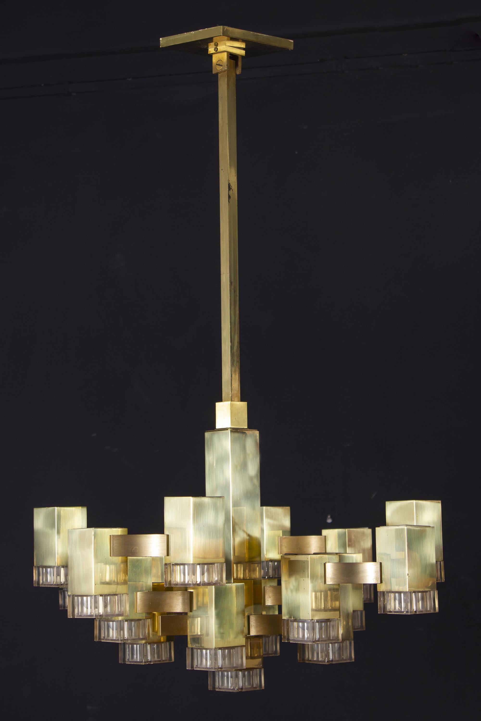 Cubic Gold Gaetano Sciolari Chandelier, Italy, 1970 In Good Condition In Rome, IT