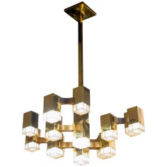 Cubic Gold Gaetano Sciolari Chandelier, Italy, 1970