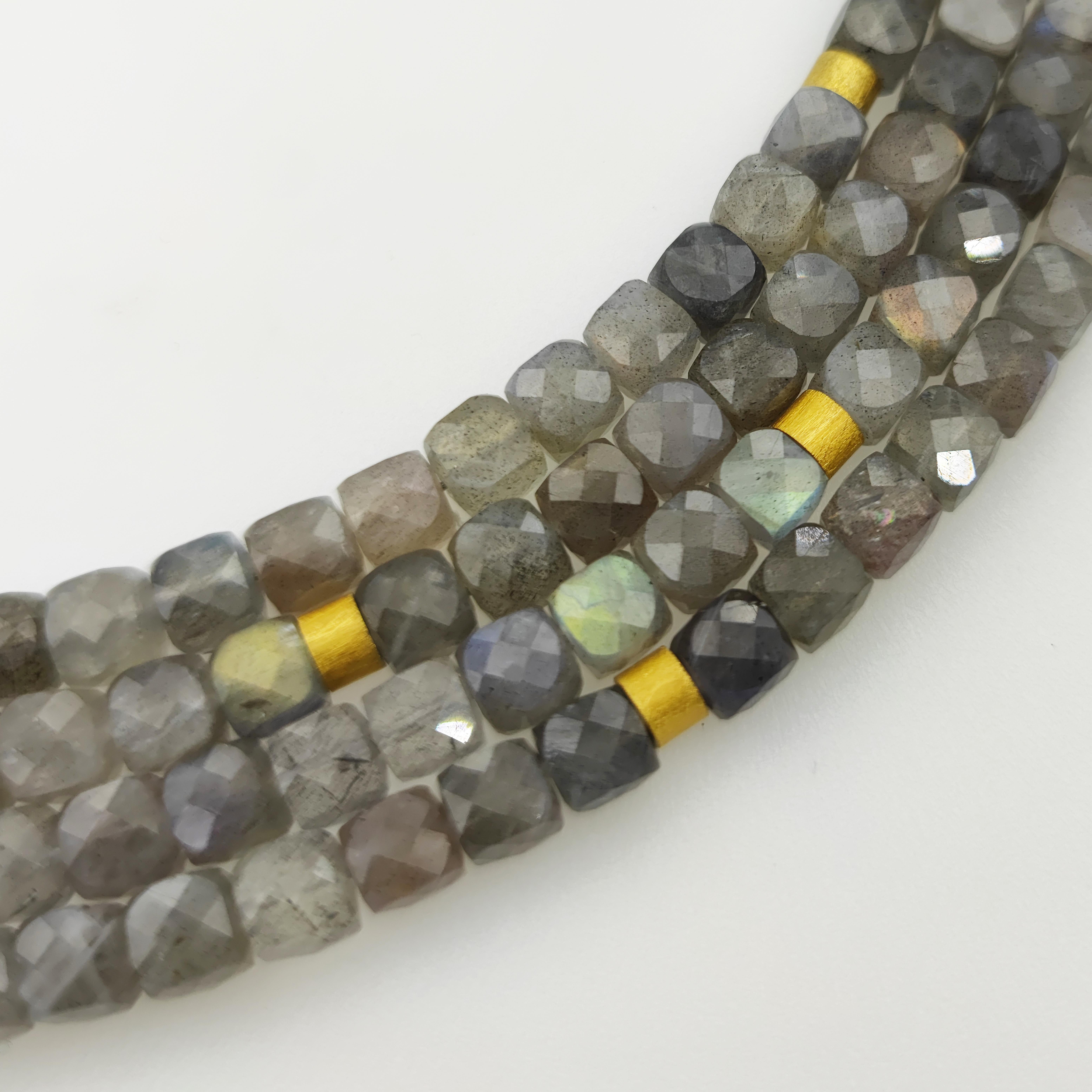 Cubic Labradorite Zircone Multi-Strand Beaded Hand Made Artist Design Necklace In New Condition For Sale In Warszawa, PL