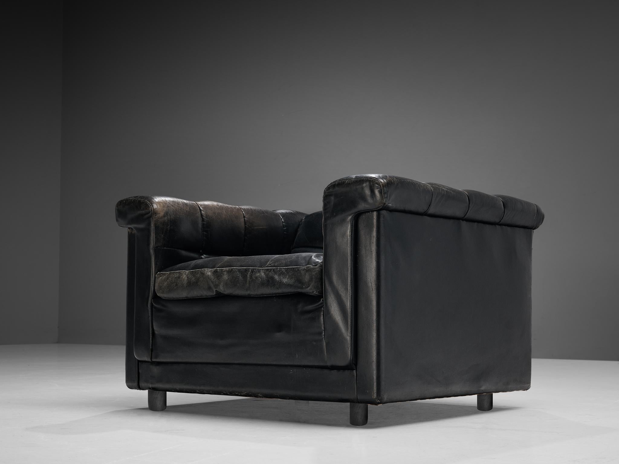 European Cubic Lounge Chair in Black Leather For Sale