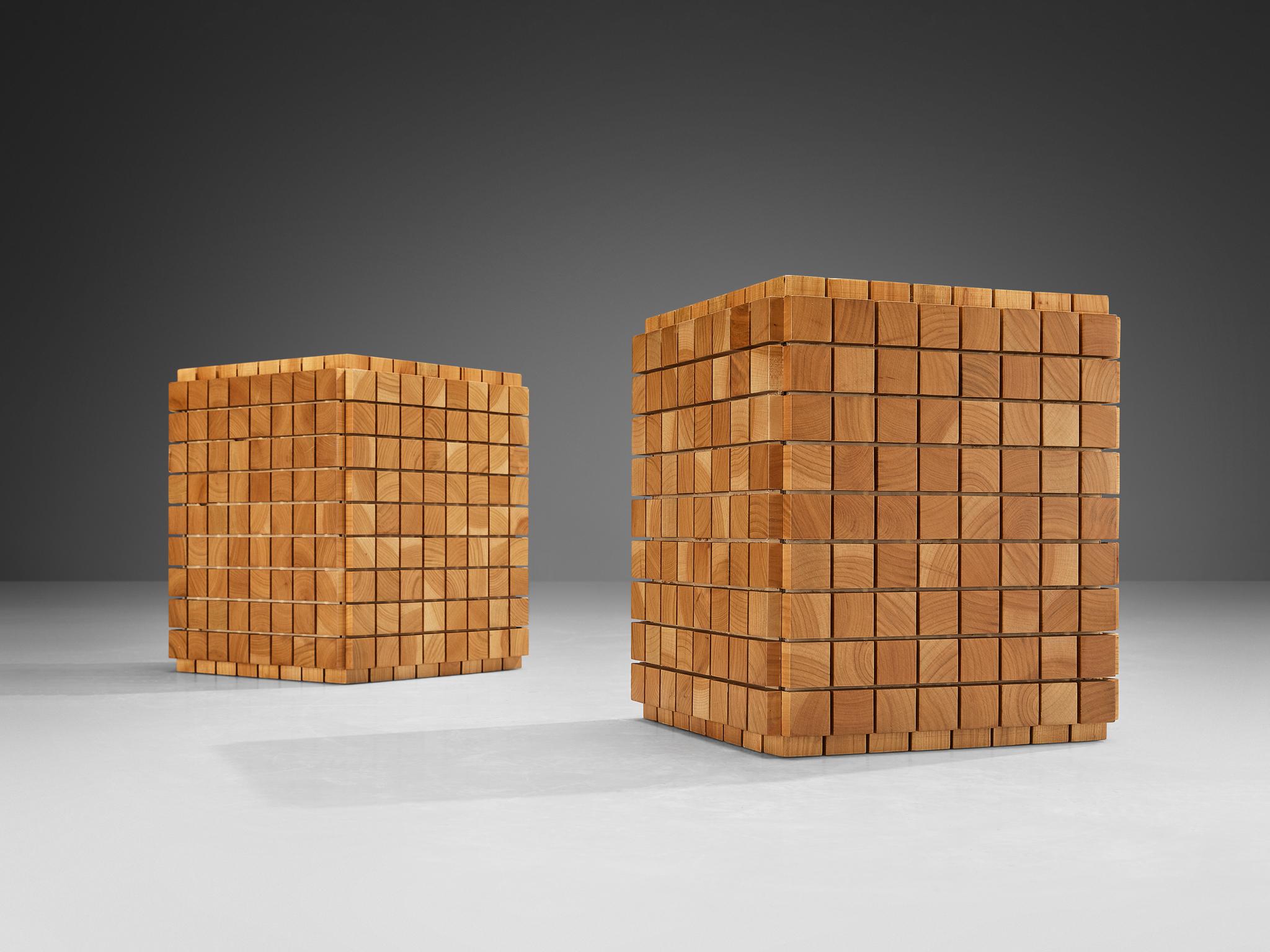European Cubic Pair of Side Tables With Geometric Grid in Cherry  For Sale