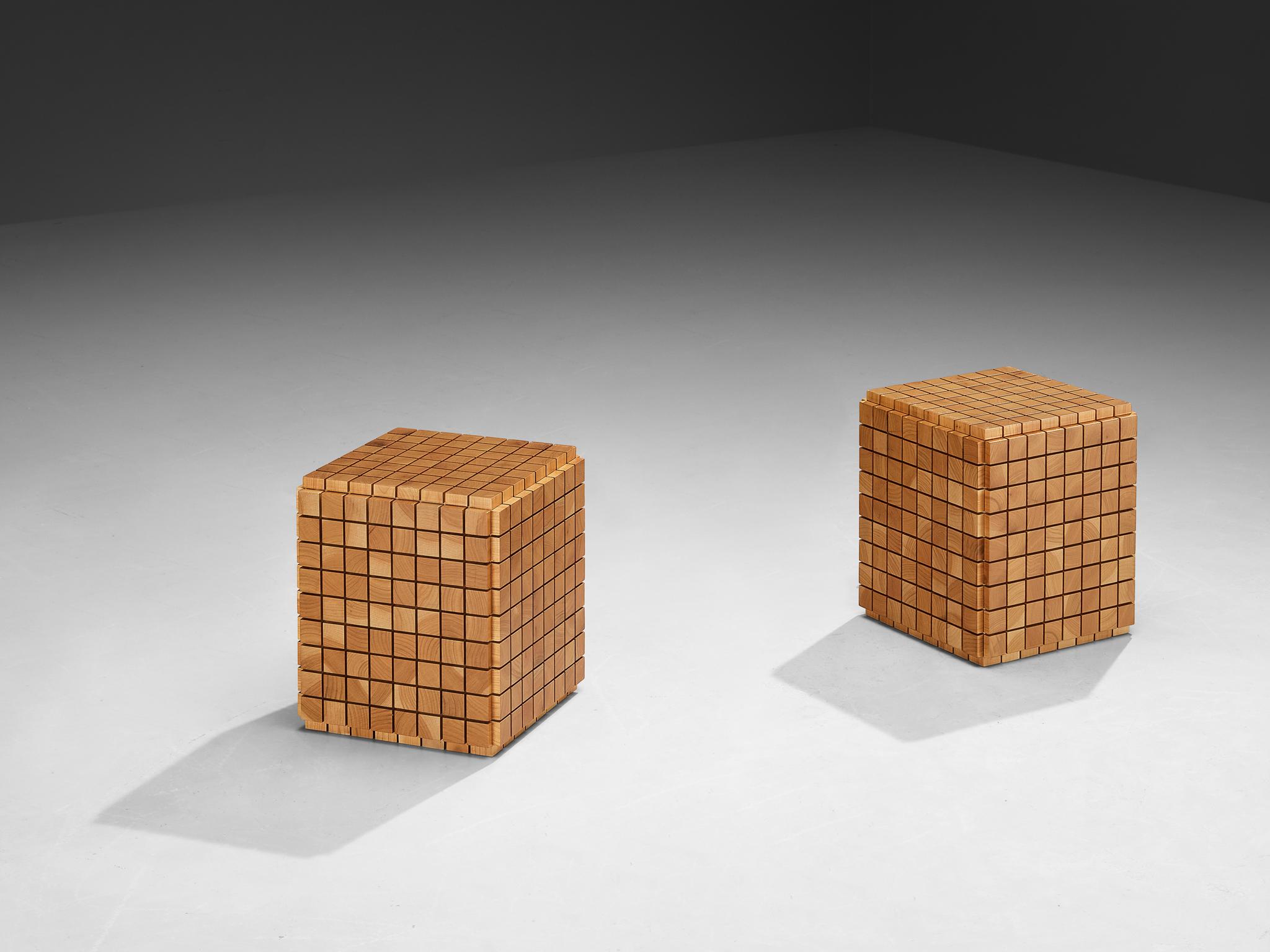 Cubic Pair of Side Tables With Geometric Grid in Cherry  For Sale 1