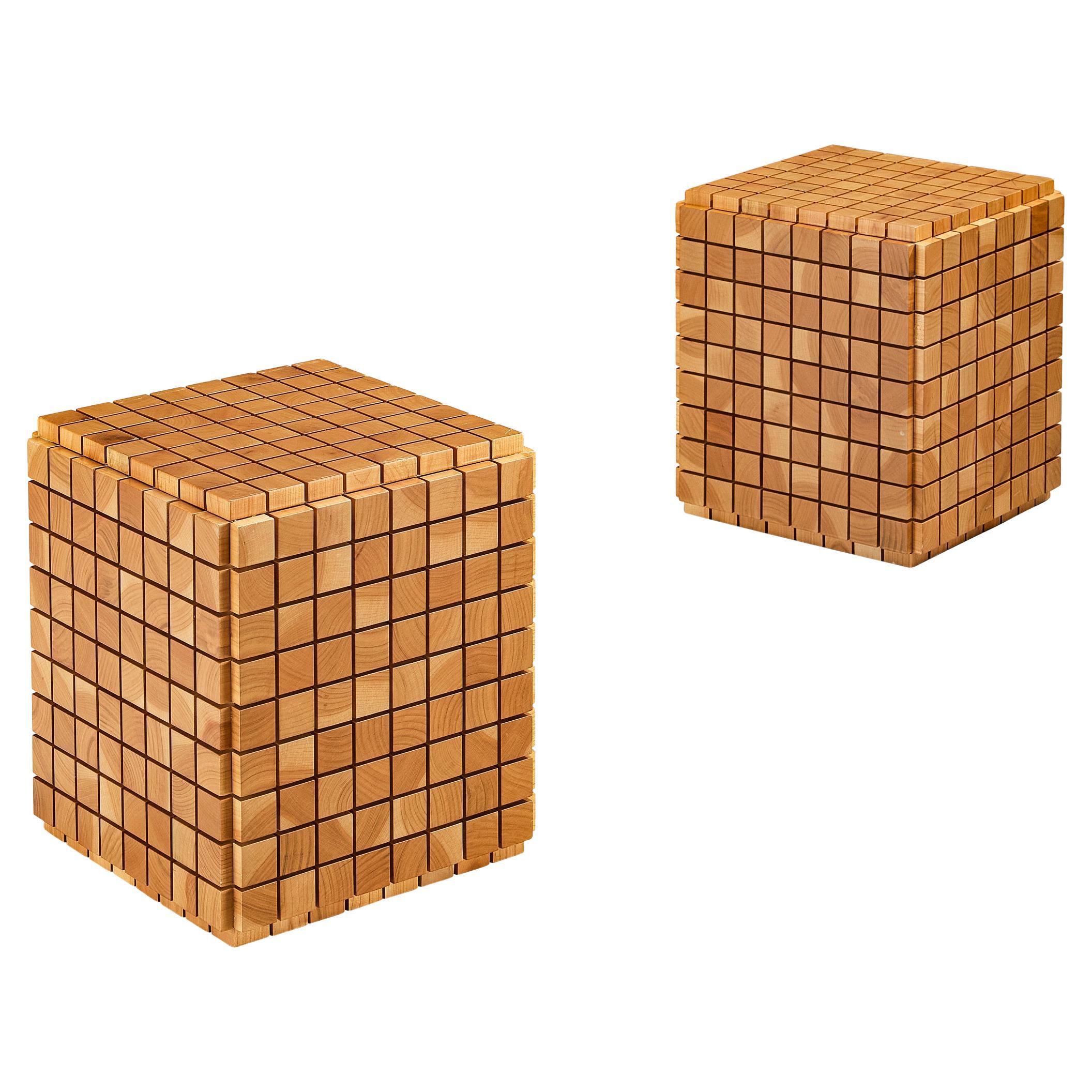 Cubic Pair of Side Tables With Geometric Grid in Cherry 
