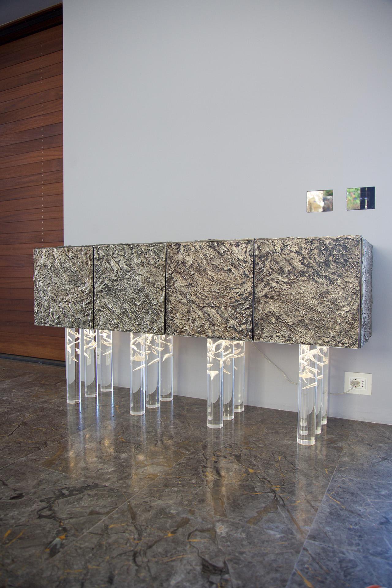 Cubic Root Modular Storage Cabinet by Jean Pascal Levy-Trumet
Limited Edition.
Dimensions: D 40 x W 160 x H 80 cm.
Materials: Brass, steel, aluminum, polyester.

Available in different finishes and materials. Each module is D 40 x W 40 x H 40 cm.