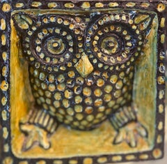 Cubic Sculpture Owls Red Clay Glazed in Yellow and Black