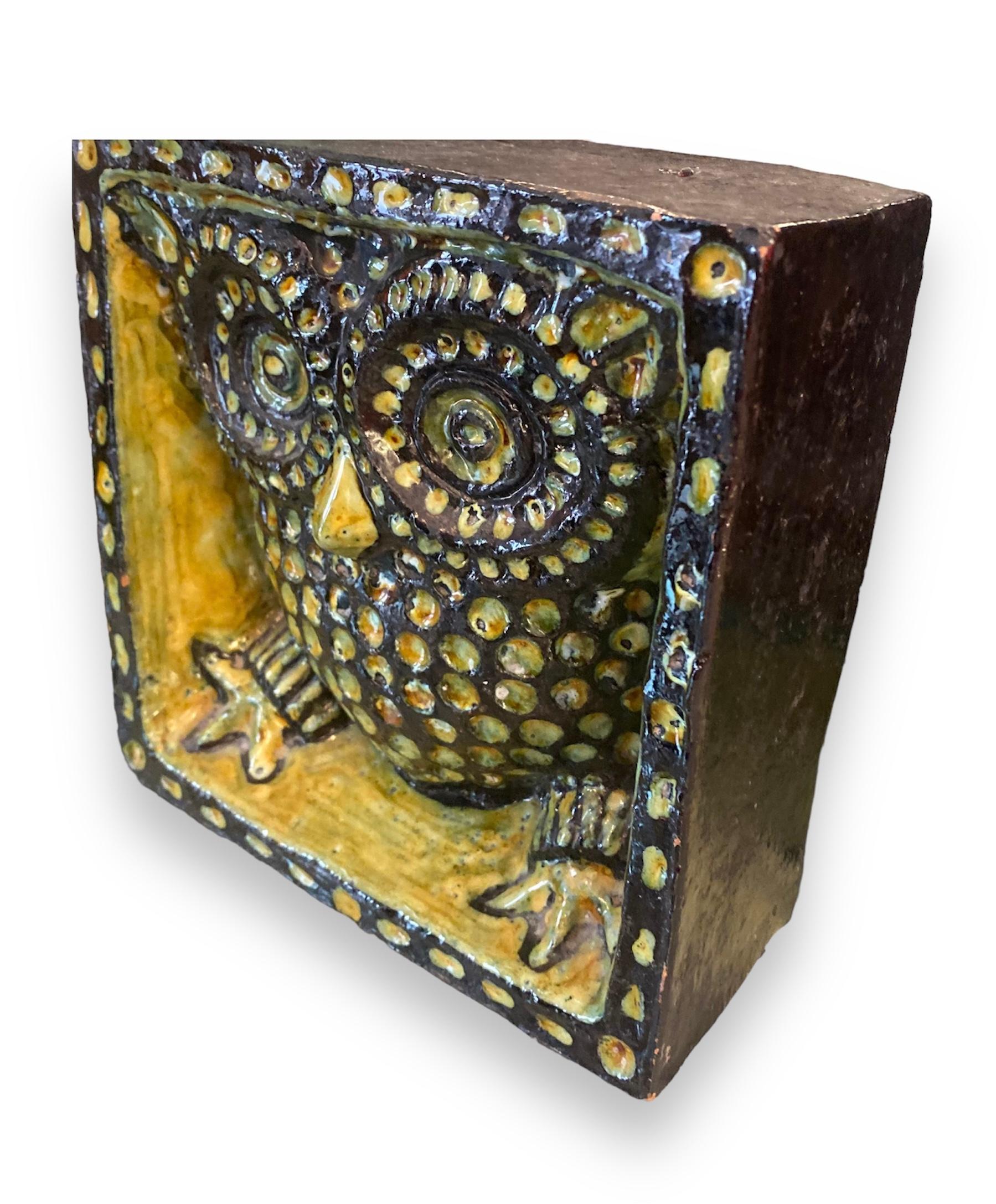 Cubic Sculpture Owls Red Clay Glazed in Yellow and Black For Sale 4