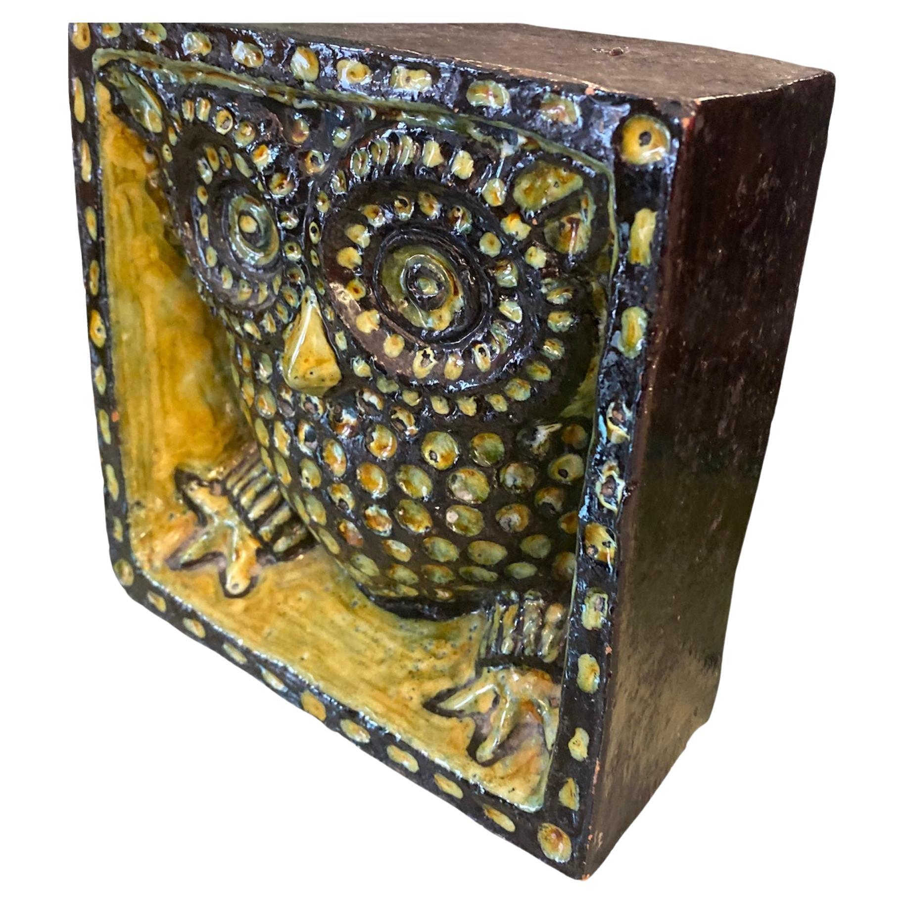 Cubic Sculpture Owls Red Clay Glazed in Yellow and Black For Sale