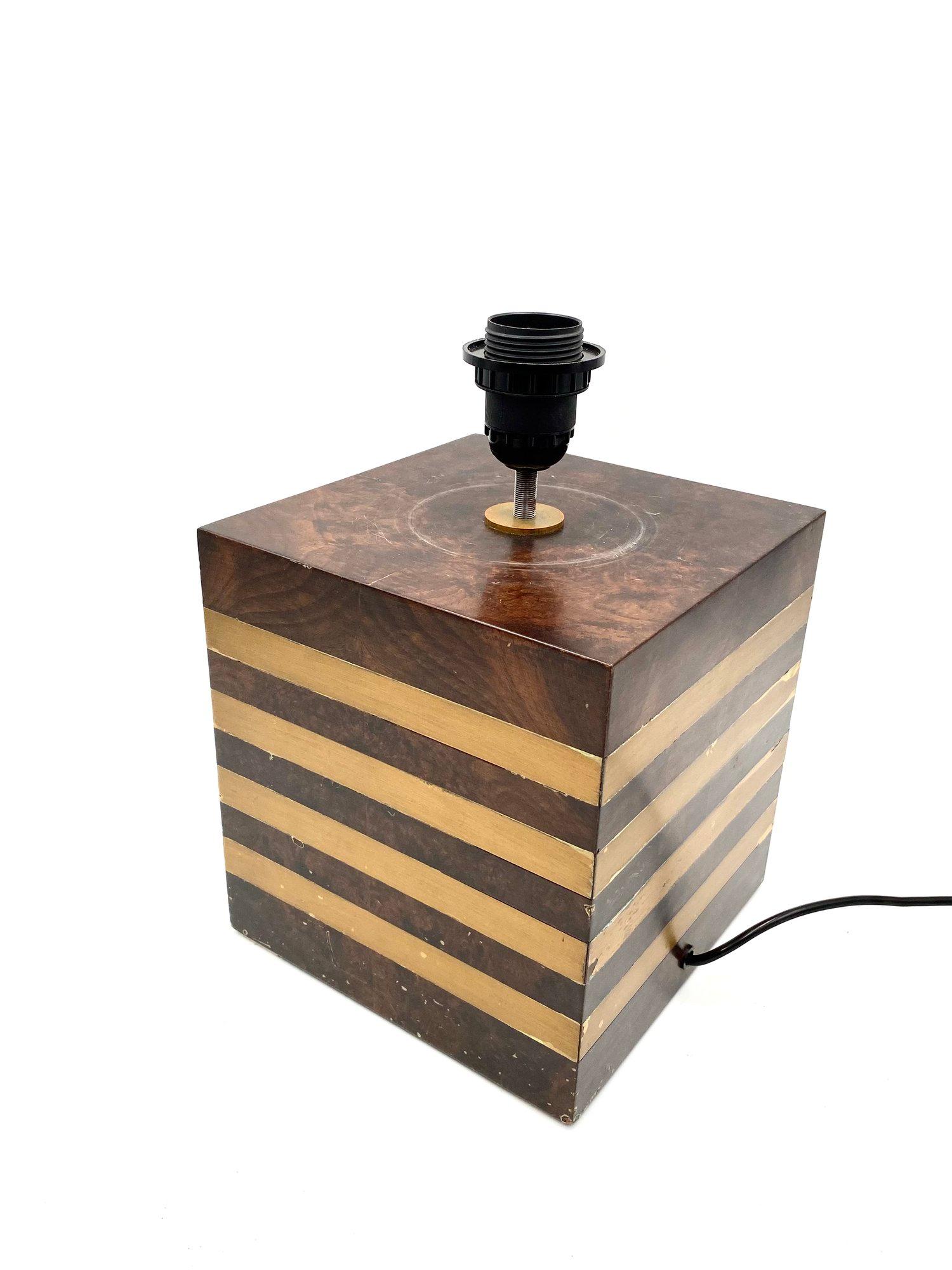 Cubic Wooden and Brass Table Lamp Base, Italy, 1970s For Sale 6