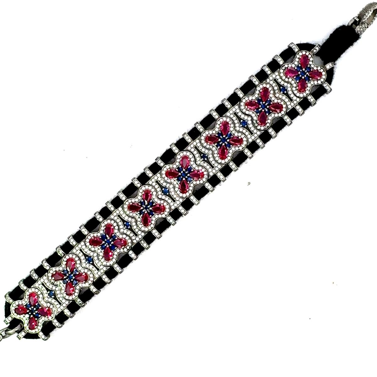 Mixed Cut Silver and Cubic Zirconia Macrame Black Thread Bracelet Luxury Costume Jewelry For Sale