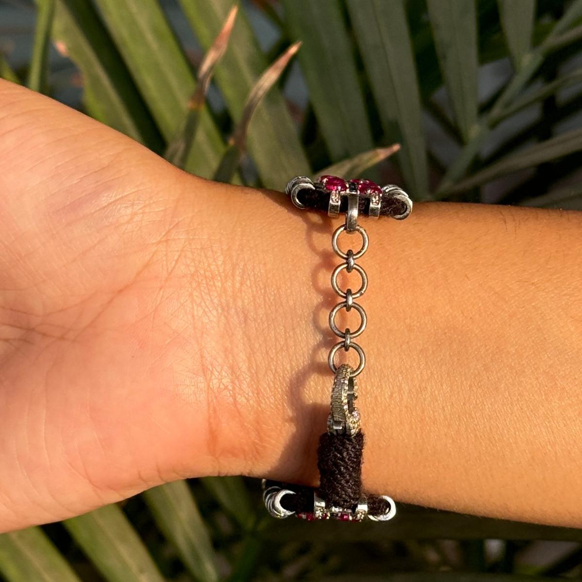 Silver and Cubic Zirconia Macrame Black Thread Bracelet Luxury Costume Jewelry In New Condition For Sale In New York, NY