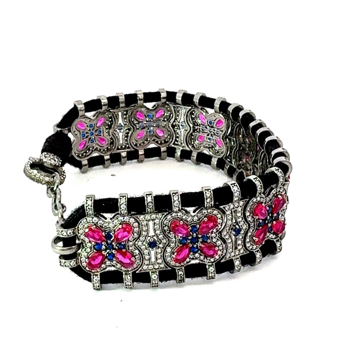 Women's or Men's Silver and Cubic Zirconia Macrame Black Thread Bracelet Luxury Costume Jewelry For Sale