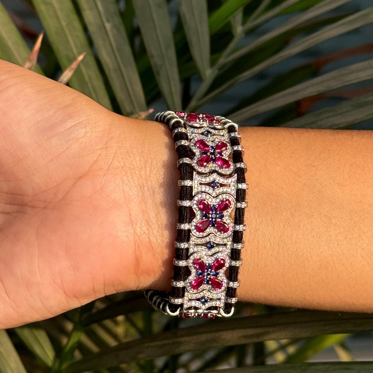 Silver and Cubic Zirconia Macrame Black Thread Bracelet Luxury Costume Jewelry For Sale 1