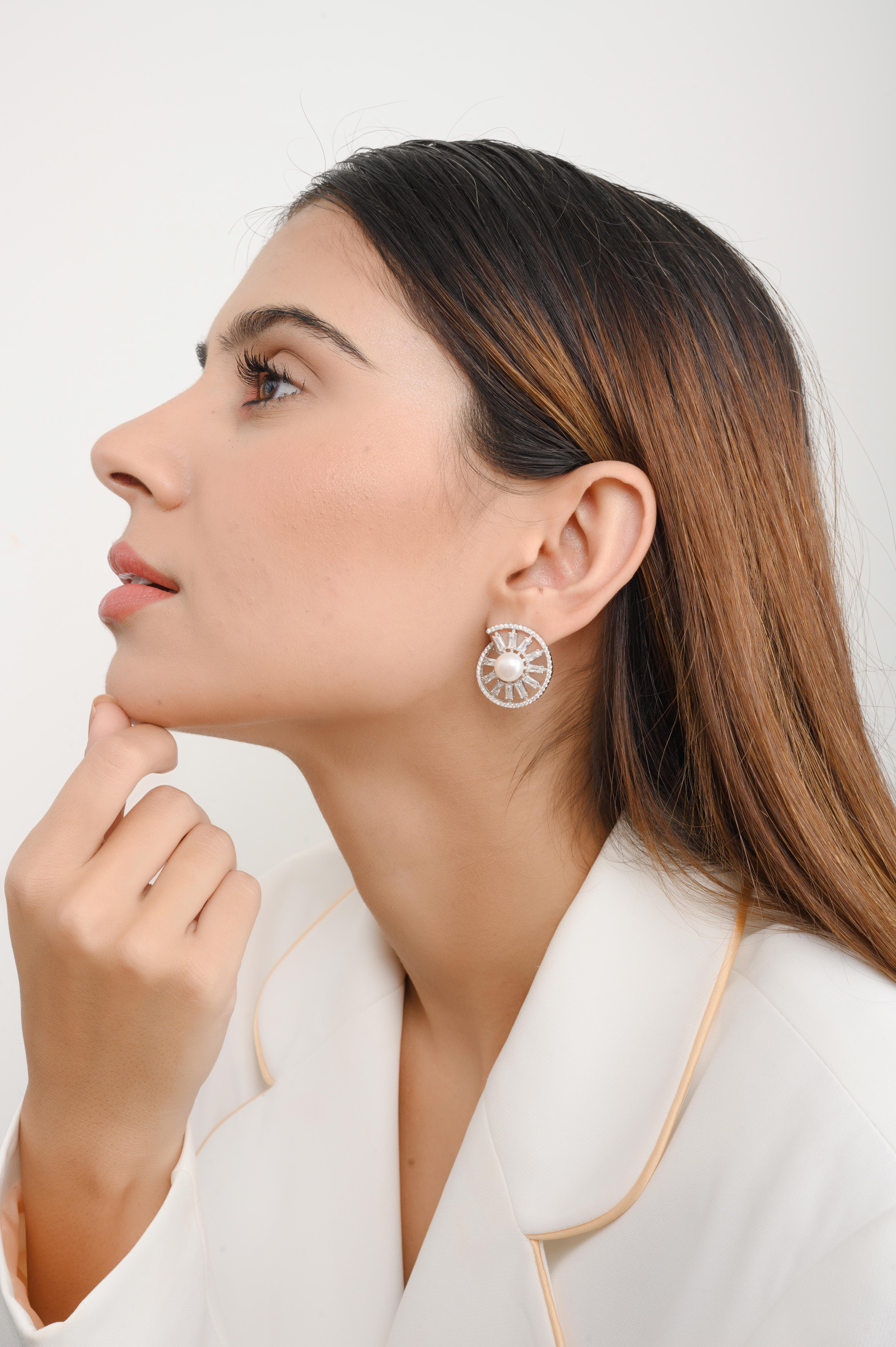 Mixed Cut Cubic Zirconia Pearl Wheel of Fortune Stud Earrings in Sterling Silver for Mom For Sale