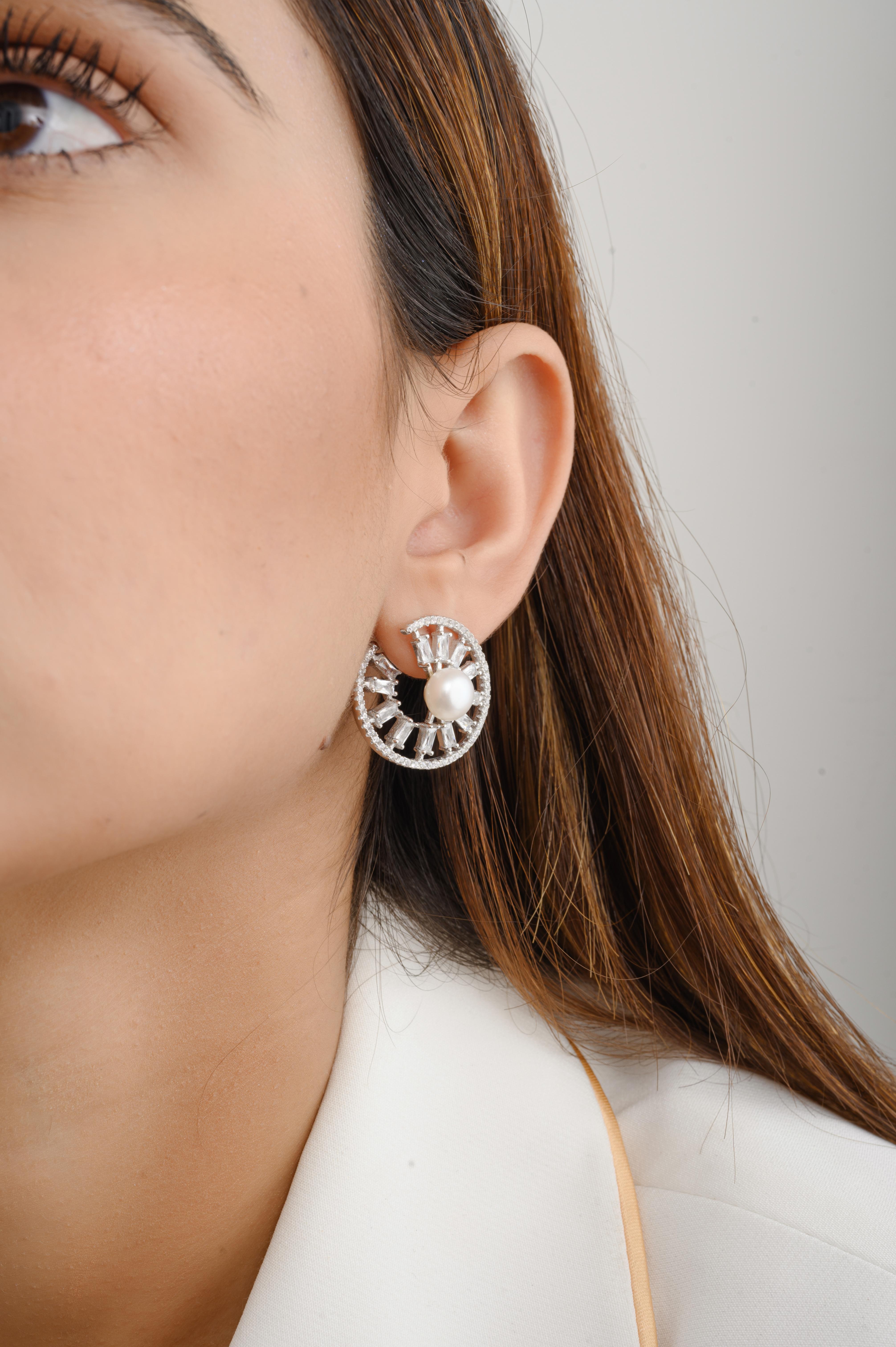Women's Cubic Zirconia Pearl Wheel of Fortune Stud Earrings in Sterling Silver for Mom For Sale