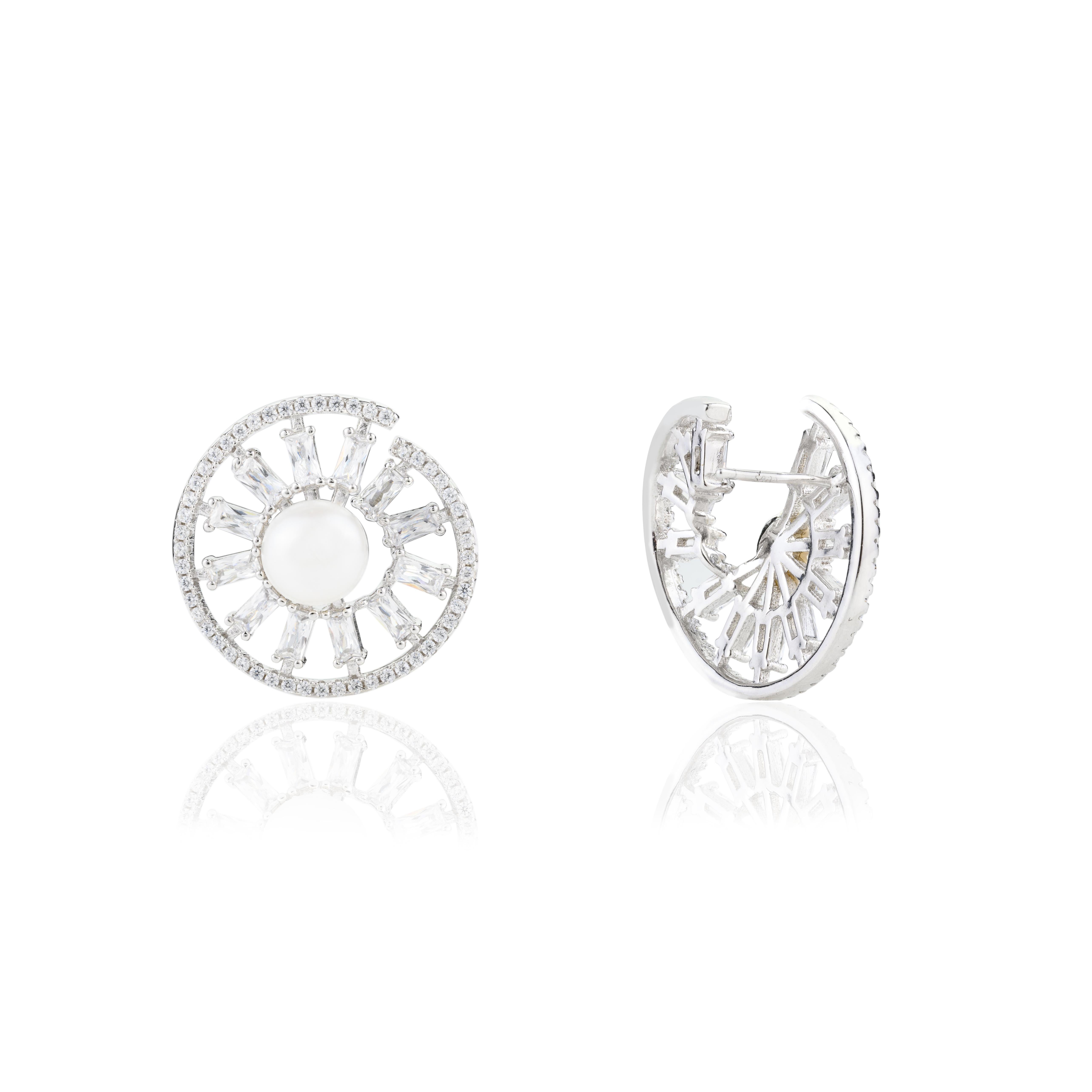 Cubic Zirconia Pearl Wheel of Fortune Stud Earrings in Sterling Silver for Mom For Sale 1