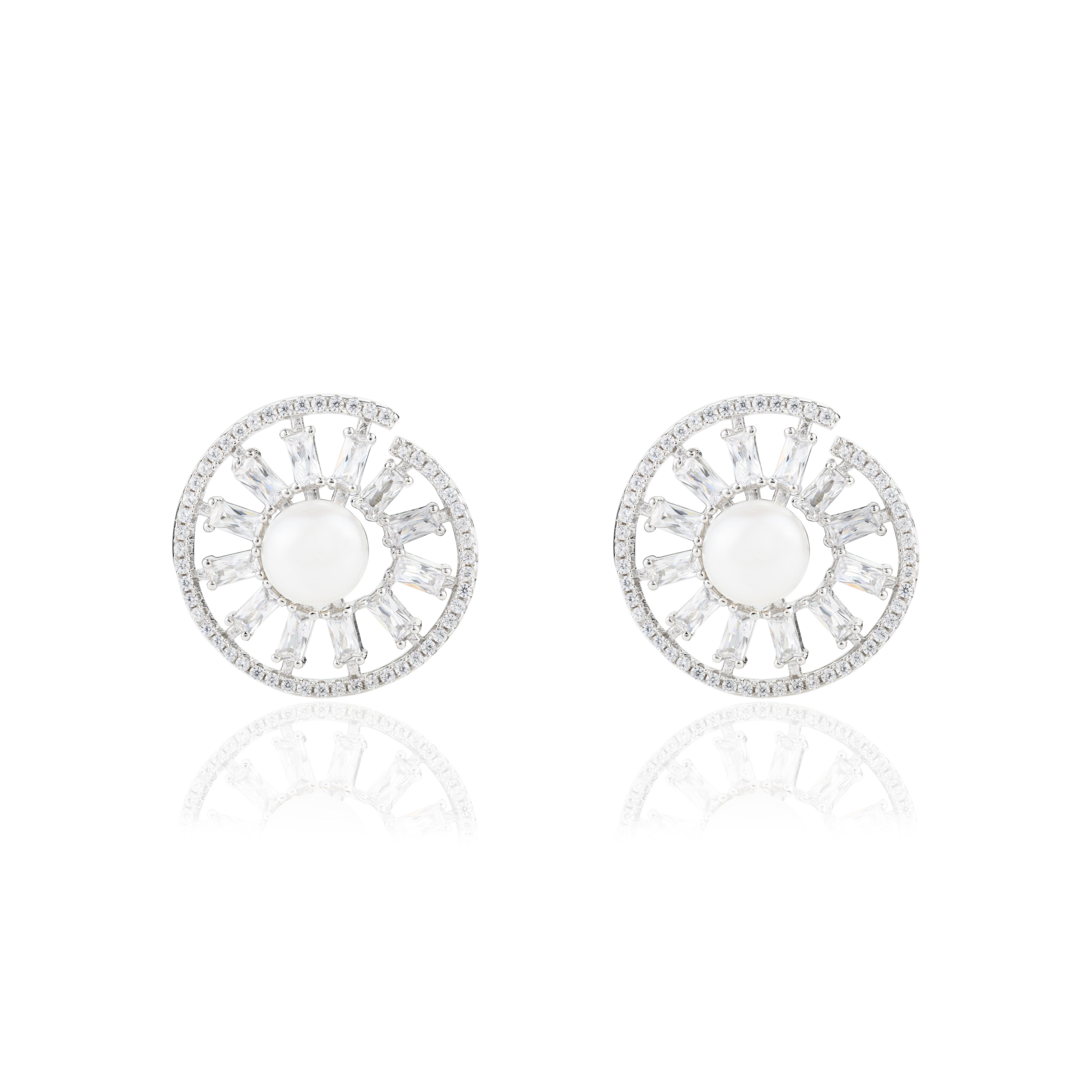 Cubic Zirconia Pearl Wheel of Fortune Stud Earrings in Sterling Silver for Mom For Sale 3