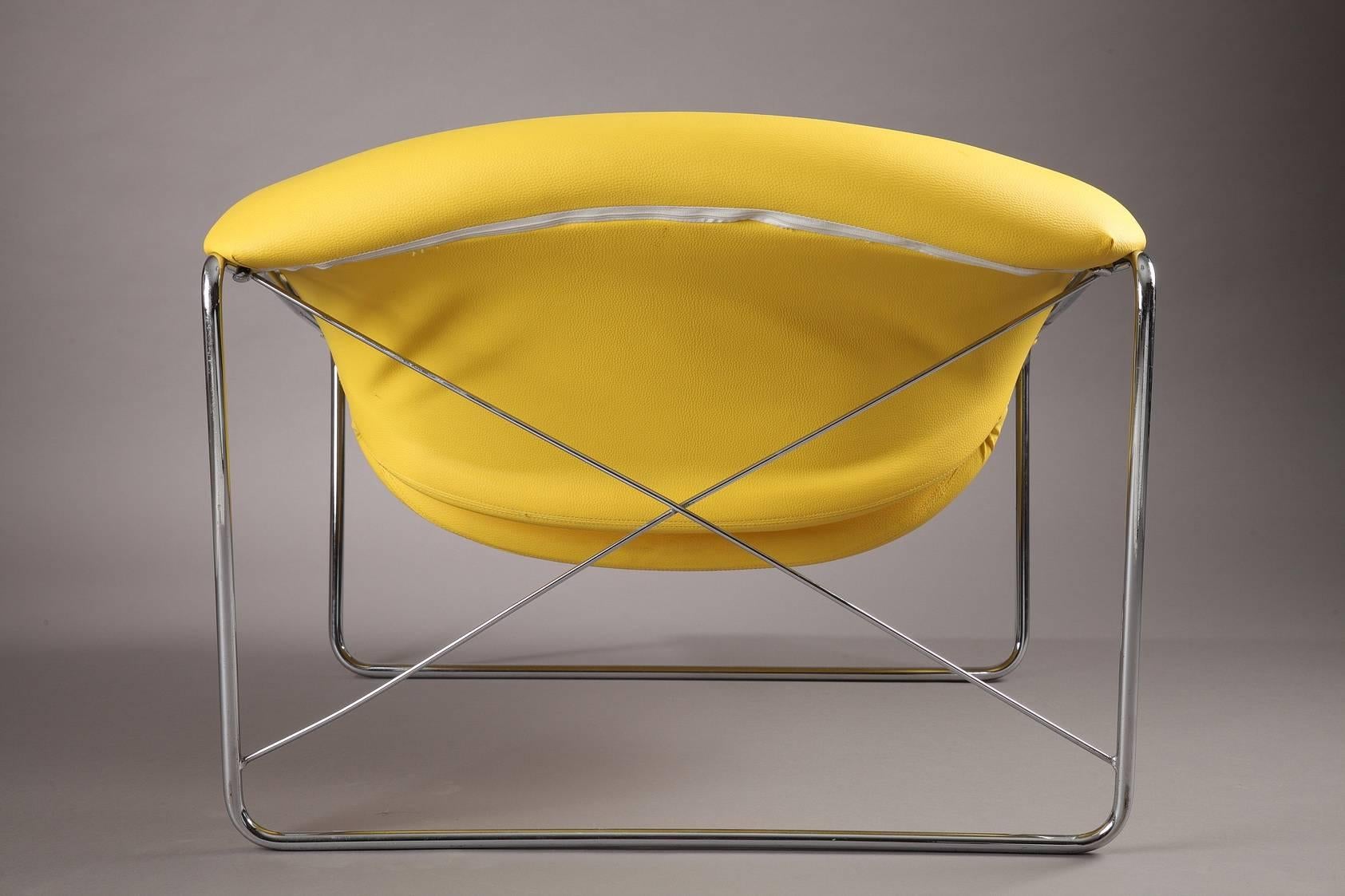 Mid-Century Modern Cubique Chair with Steel Frame and Yellow Leather-Like Basis