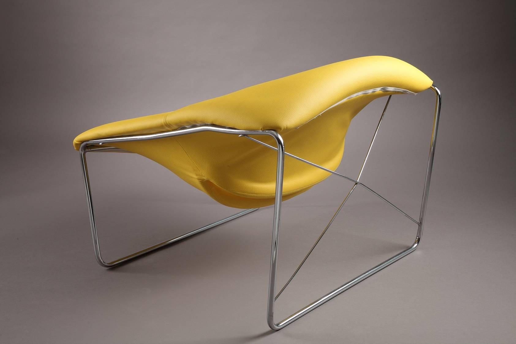 French Cubique Chair with Steel Frame and Yellow Leather-Like Basis